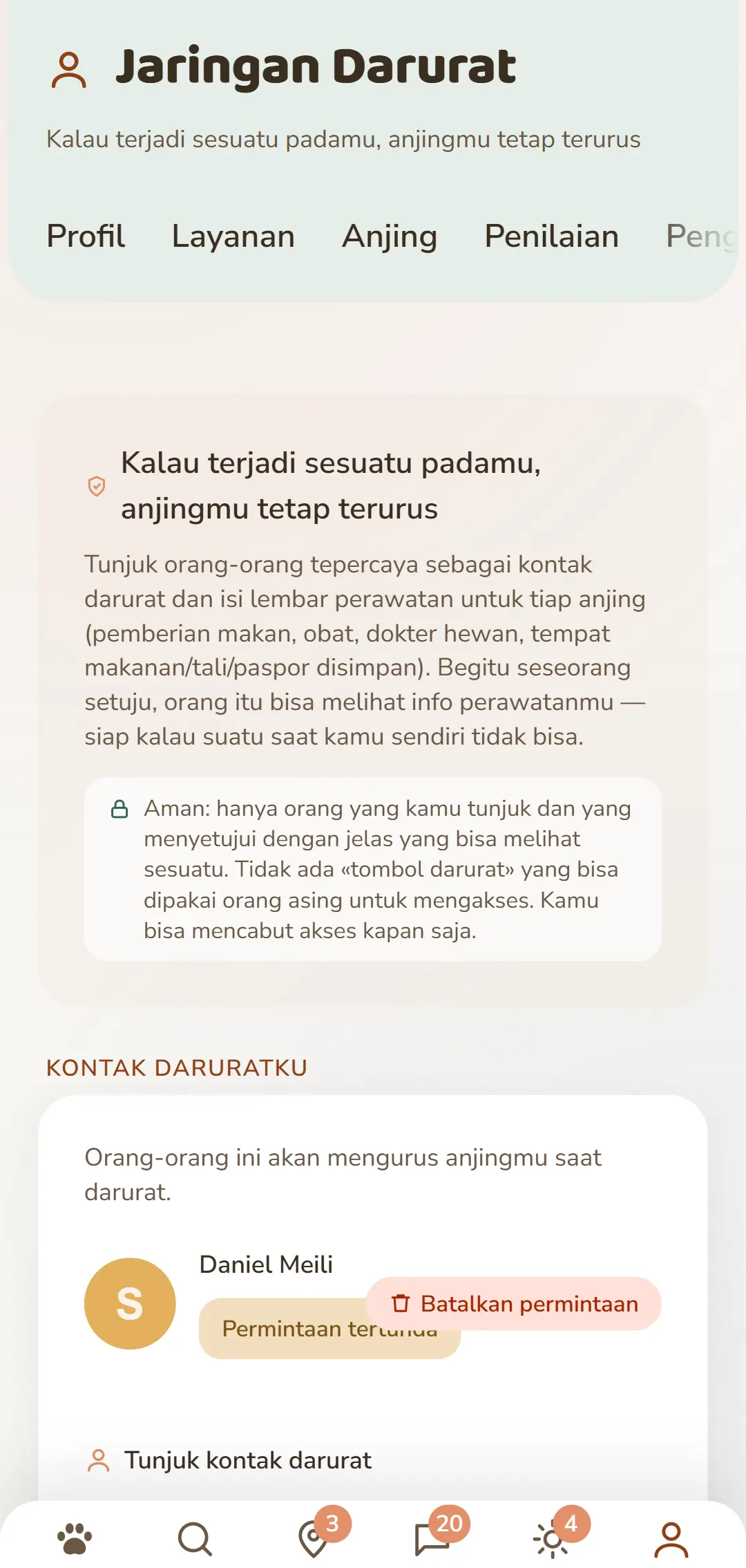 Kontak darurat dan permintaan yang menunggu dalam satu tampilan