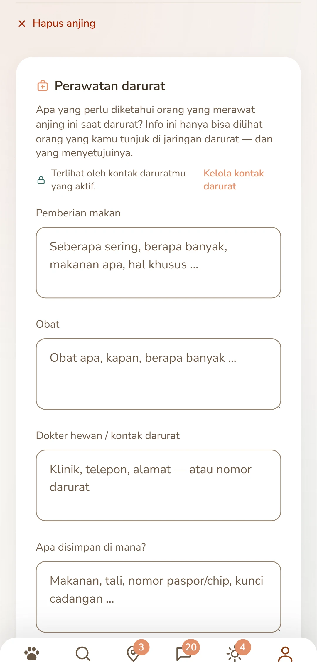 Lembar perawatan seekor anjing: makan, obat, dokter hewan