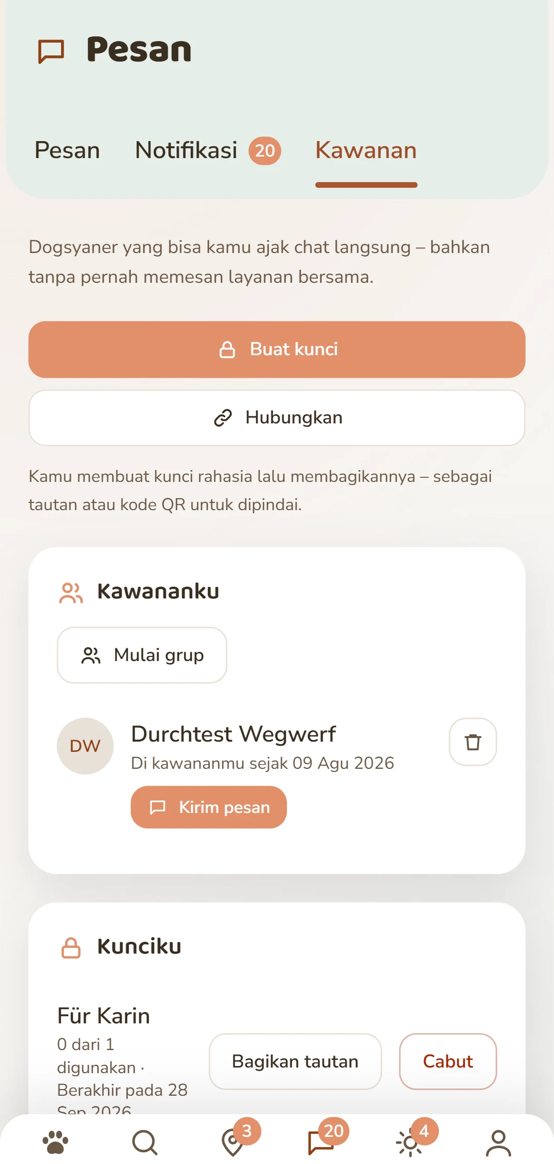 Tab Rudel: buat kunci dan kelola koneksimu.