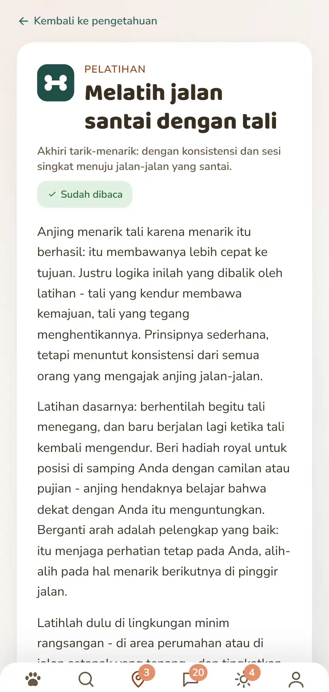 Tangkapan layar aplikasi DOGSY: sebuah artikel pengetahuan yang terbuka. Paling atas jalan kembali ke daftar, di bawahnya empat tab Guide, Events, Pengetahuan dan Darurat Hewan. Lalu menyusul ikon rubrik berwarna, nama rubrik dengan huruf kapital, judul, ringkasan pendek dan beberapa paragraf teks. Paling bawah bilah navigasi aplikasi. Tangkapan layar ini tampil dalam bahasa halaman ini.
