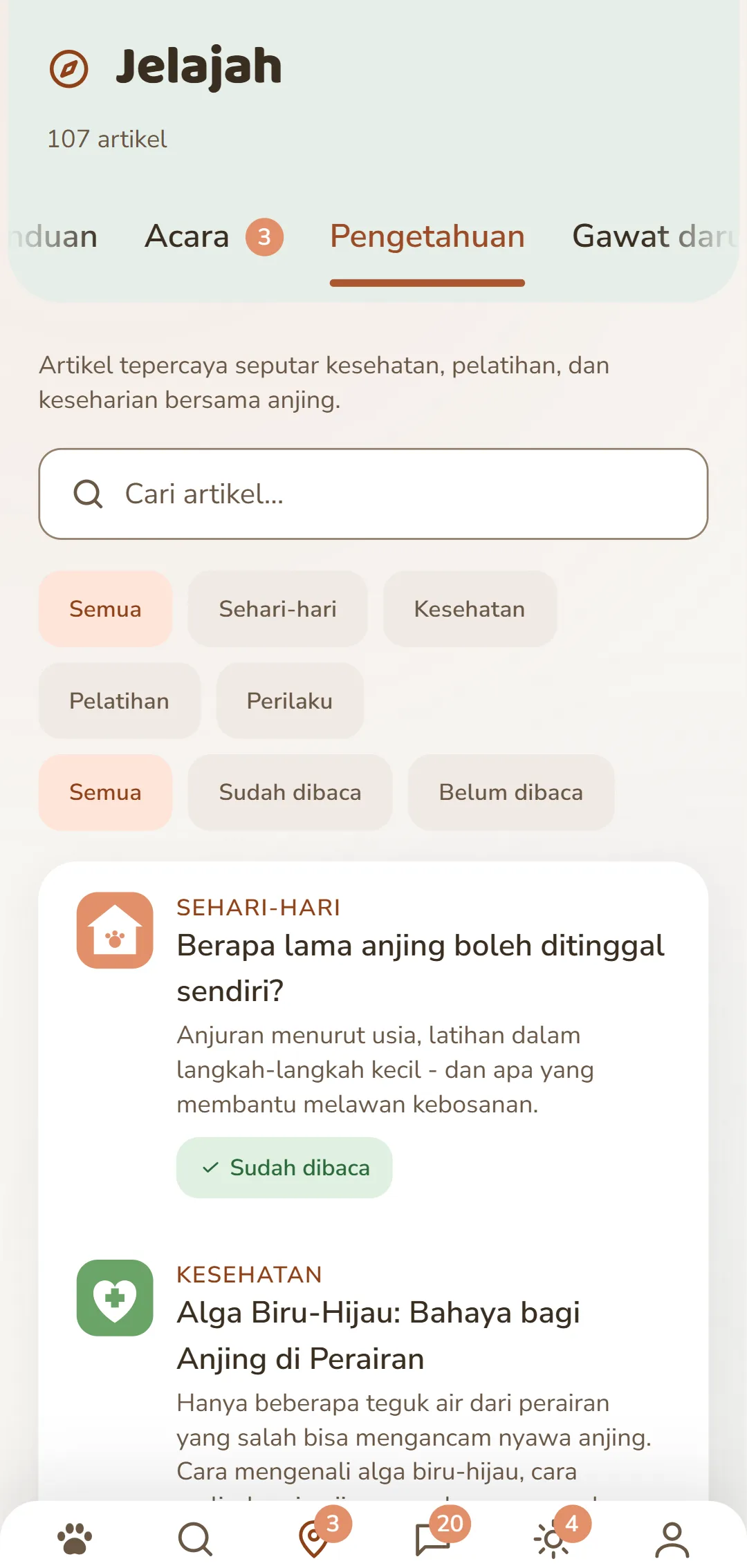 Tangkapan layar aplikasi DOGSY di tab «Jelajahi»: paling atas jumlah artikel, di bawahnya empat tab Guide, Events, Pengetahuan dan Darurat Hewan. Lalu menyusul kolom pencarian dan filter rubrik berbentuk bulat – Semua, Keseharian, Kesehatan, Perilaku, Pelatihan. Di bawahnya artikel-artikel sebagai kartu: di kiri ikon rubrik berwarna, di sebelahnya nama rubrik dengan huruf kapital, judul dan ringkasan pendek. Paling bawah bilah navigasi aplikasi. Tangkapan layar ini tampil dalam bahasa halaman ini.