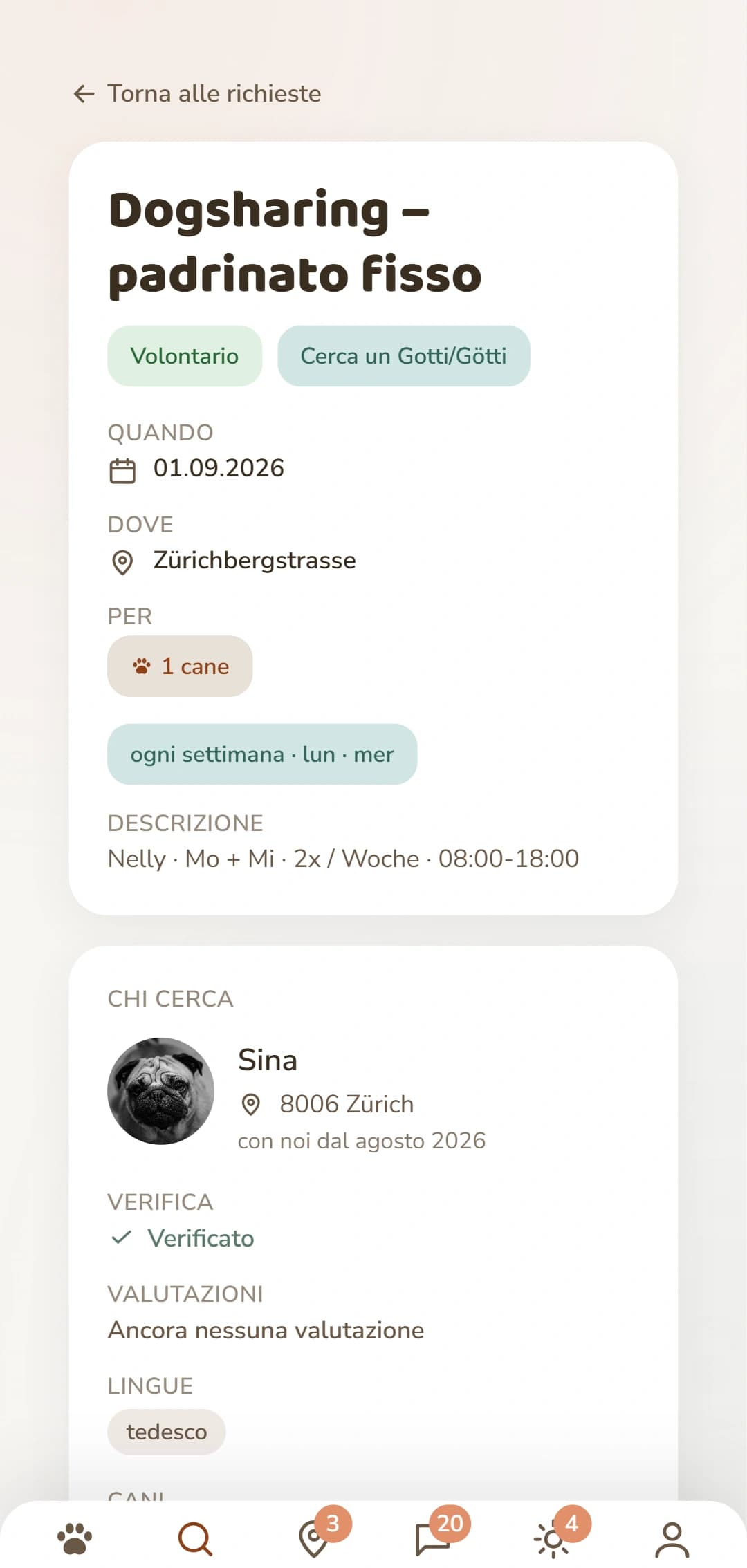 Un annuncio Dogsharing in dettaglio: periodo, luogo e chi lo pubblica