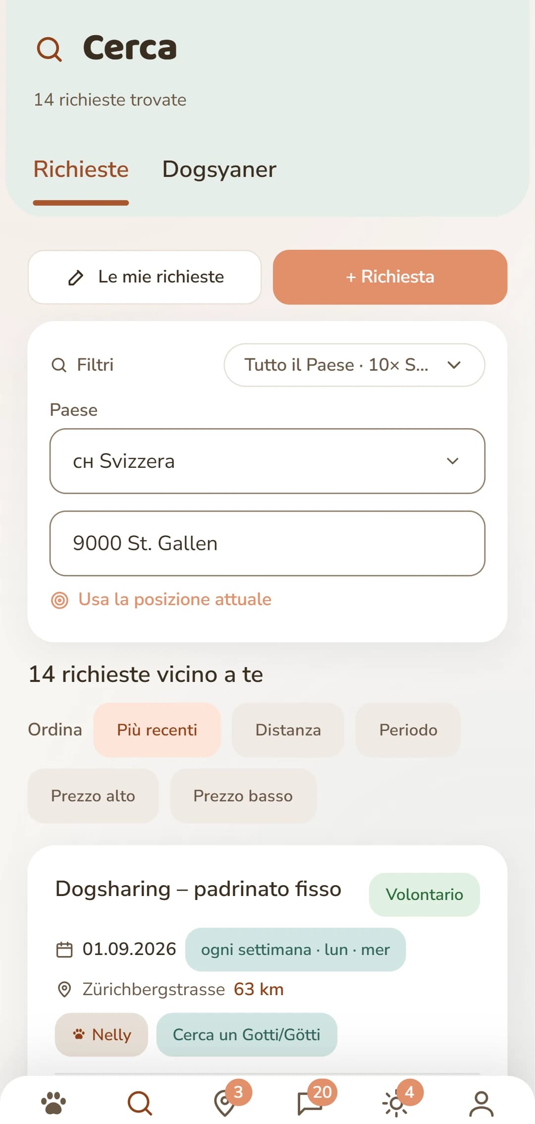 Annunci Dogsharing con direzione, ritmo e giorni della settimana