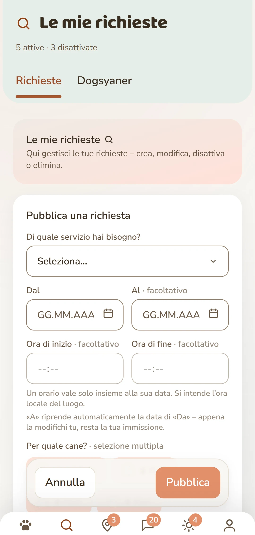 Il modulo «Pubblica una richiesta»: prestazione, periodo, cane e compenso