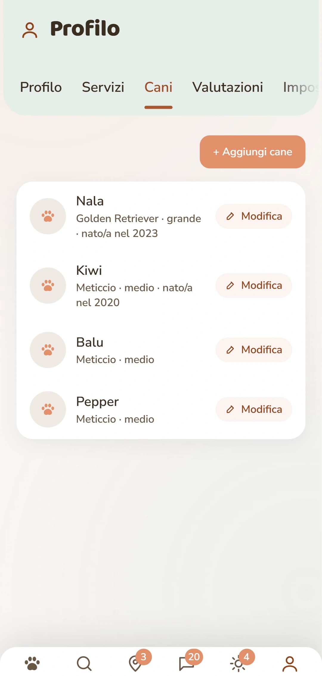La sezione cani, con un profilo separato per ogni cane
