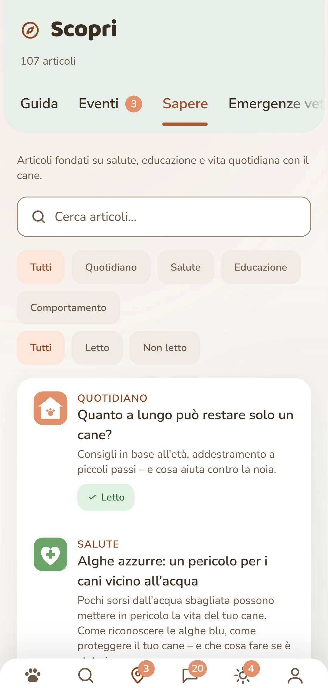 Schermata dell'app DOGSY nella scheda Scopri: in alto il numero di articoli, sotto le quattro schede Guide, Eventi, Sapere ed Emergenza animale. Seguono un campo di ricerca e filtri arrotondati per le categorie – Tutti, Quotidiano, Salute, Comportamento, Educazione. Sotto gli articoli come schede: a sinistra un'icona di categoria colorata, accanto la categoria in maiuscolo, il titolo e una breve introduzione. In fondo la barra di navigazione dell'app. L'immagine appare nella lingua di questa pagina.