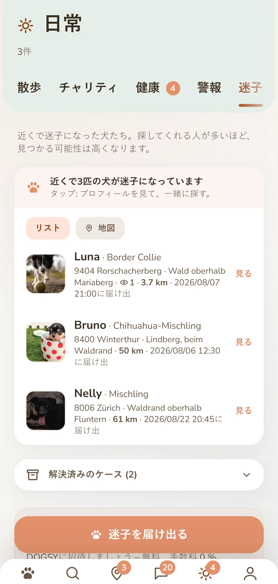 近くの迷子犬 – 写真、場所、時刻つき