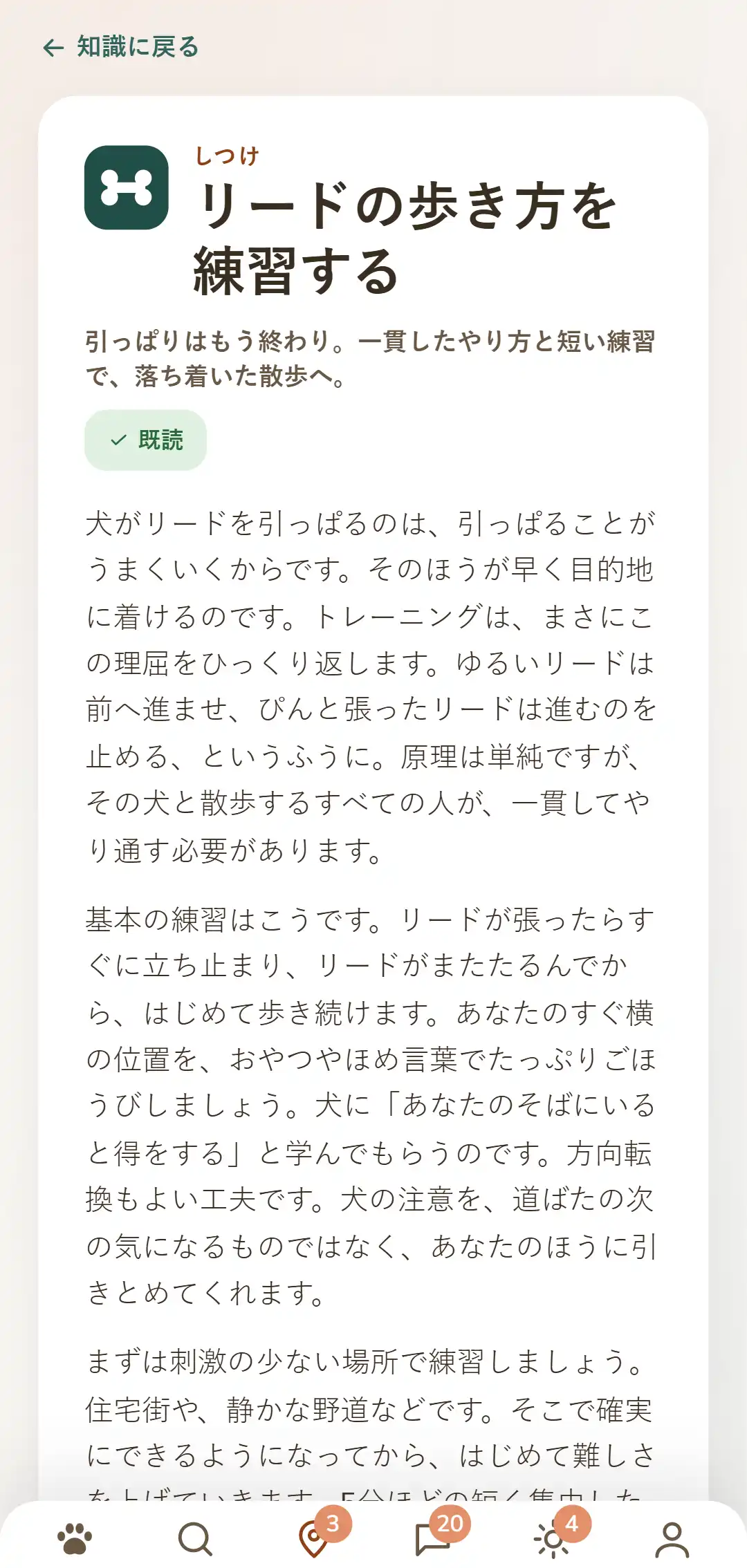 DOGSY アプリのスクリーンショット:知識の記事を開いたところ。いちばん上に一覧へ戻る道、その下にガイド、イベント、知識、ペットの緊急時という四つのタブがあります。続いて色付きのカテゴリー記号、大きく書かれたカテゴリー名、タイトル、短いリード文、そして本文がいくつかの段落で並びます。いちばん下はアプリのナビゲーションバーです。この画像はこのページの言語で表示されます。