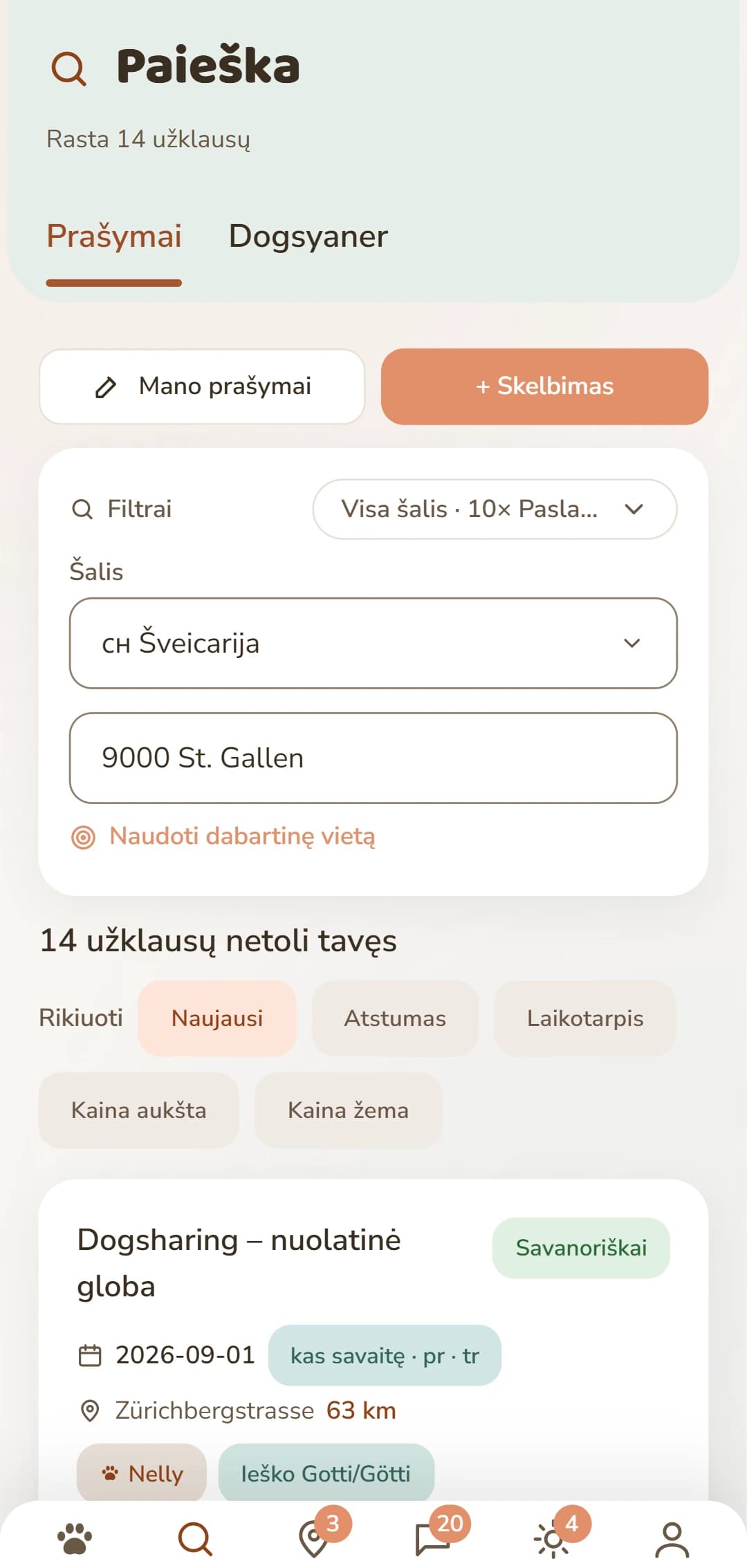 Dogsharing skelbimai su kryptimi, ritmu ir savaitės dienomis