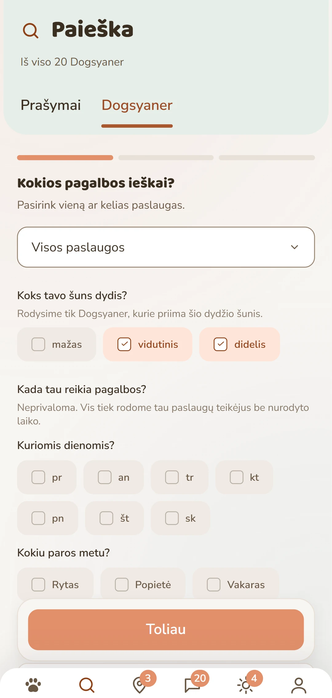 Tikslus filtravimas: paslauga, šuns dydis ir kiti kriterijai