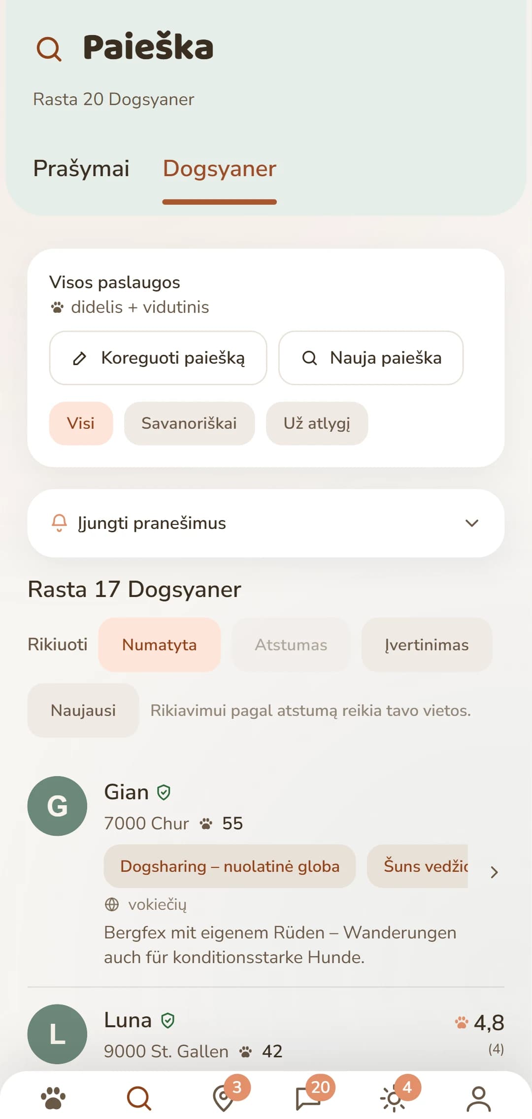 Programėlės rezultatų sąrašas: netoliese esantys Dogsyaneriai su nuotrauka, atstumu ir įvertinimu