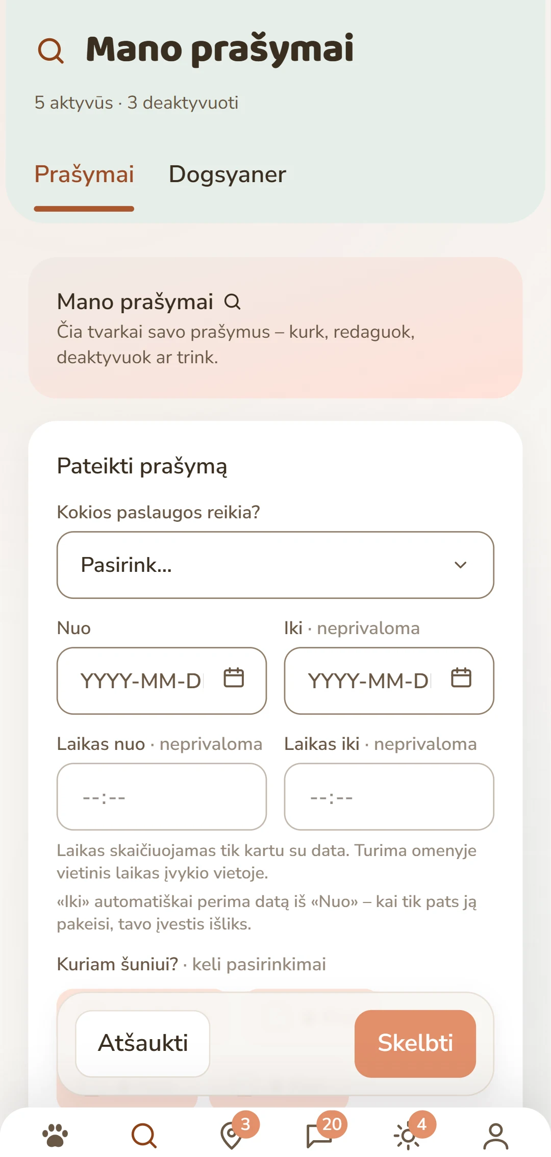 Forma „Skelbti“: paslauga, laikotarpis, šuo ir atlygis