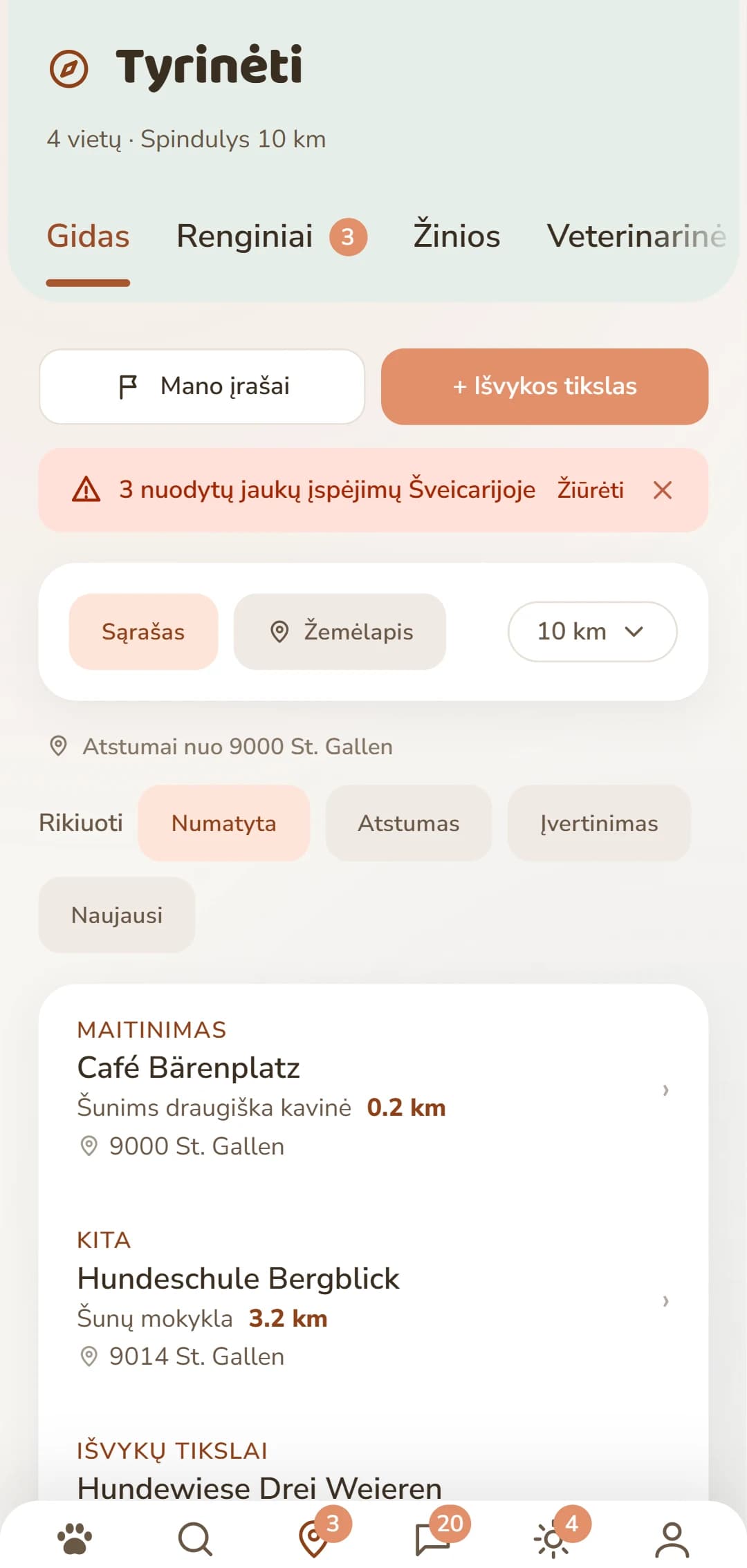 Rezultatų sąrašas skiltyje Atrasti, su kategorija ir atstumu