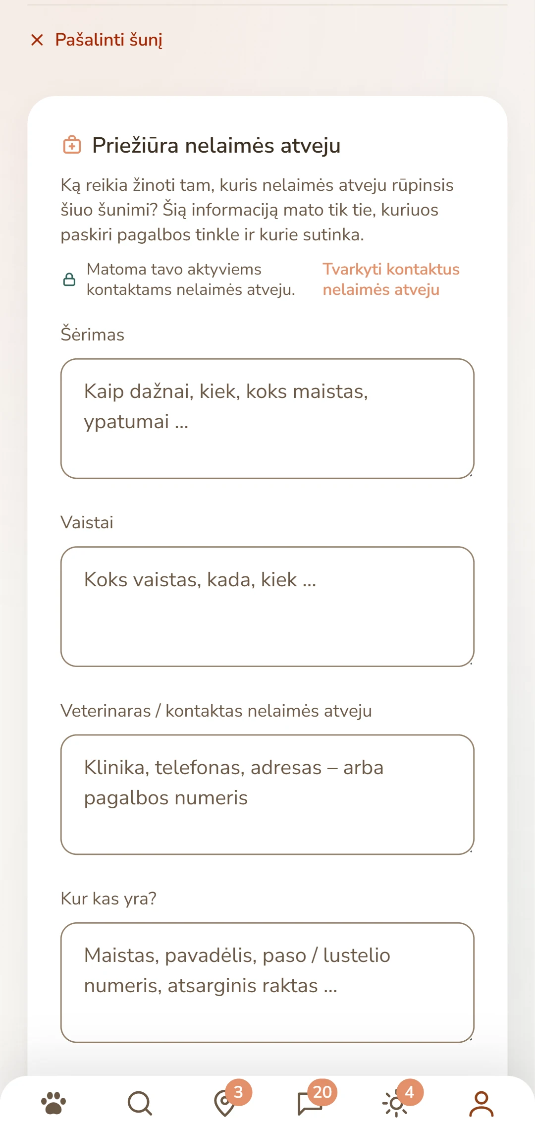 Šuns priežiūros lapas: maitinimas, vaistai, veterinaras