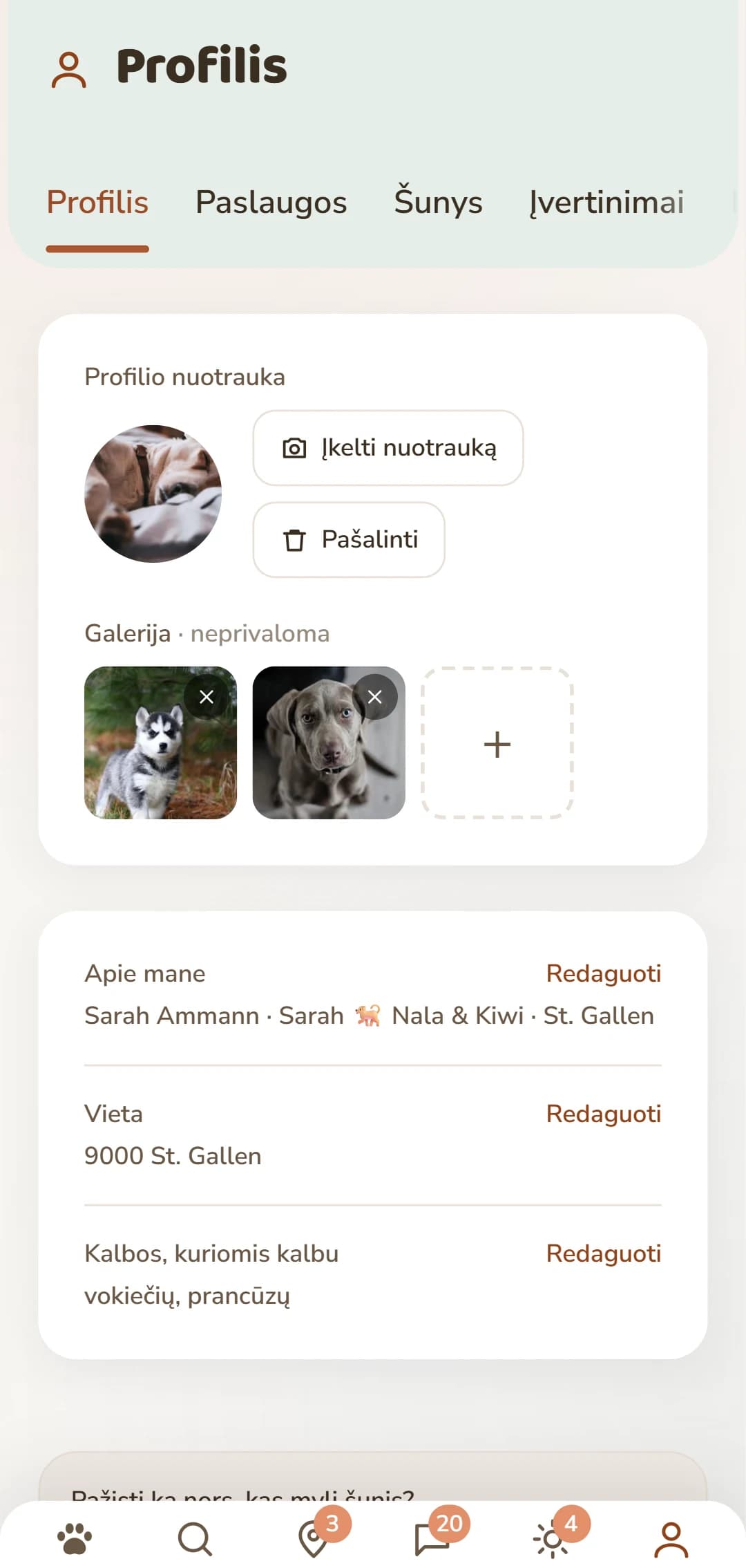 Nuosavas profilis su nuotrauka, aprašymu ir skirtukais žemiau