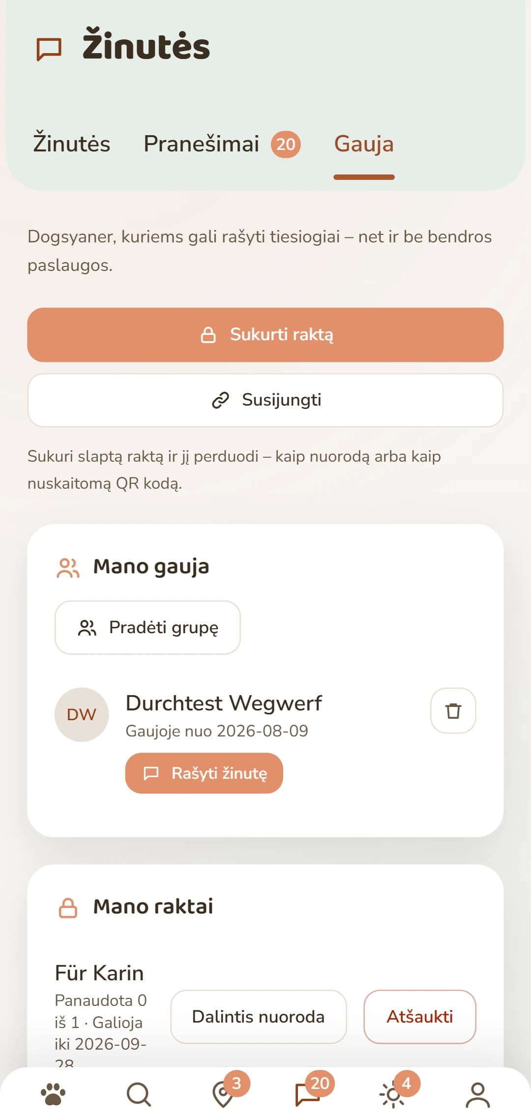 Skiltis „Rudel“: sukurk raktą ir tvarkyk savo ryšius.