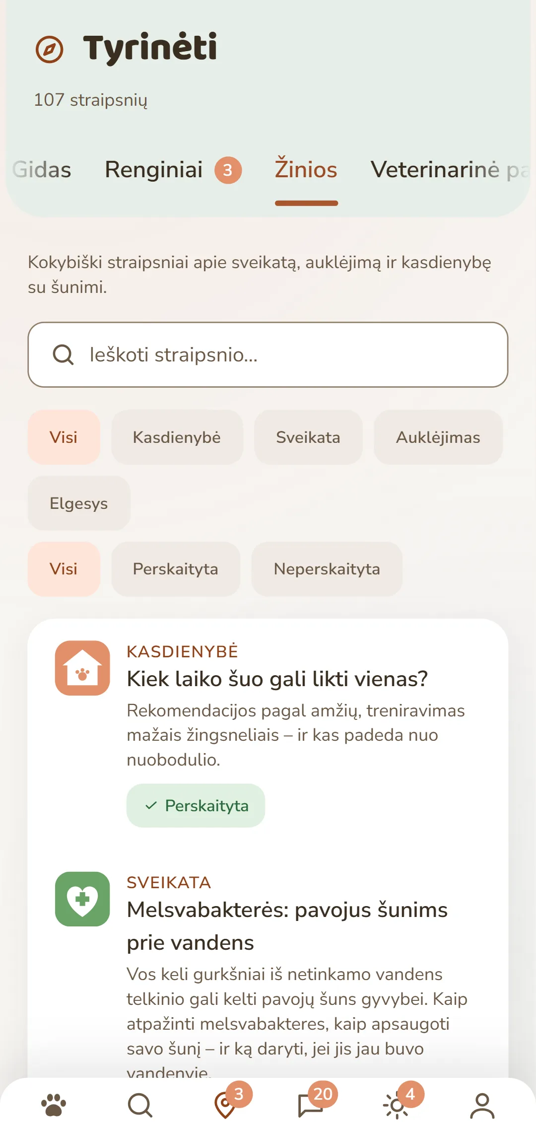 DOGSY programėlės ekrano vaizdas kortelėje «Atrask»: pačiame viršuje – straipsnių skaičius, po juo keturios kortelės Guide, Renginiai, Žinios ir Gyvūnų pagalba. Toliau – paieškos laukas ir apvalūs rubrikų filtrai: Visi, Kasdienybė, Sveikata, Elgesys, Dresūra. Žemiau – straipsniai kaip kortelės: kairėje spalvota rubrikos piktograma, šalia jos rubrika didžiosiomis raidėmis, pavadinimas ir trumpa įžanga. Visai apačioje – programėlės naršymo juosta. Vaizdas rodomas šio puslapio kalba.