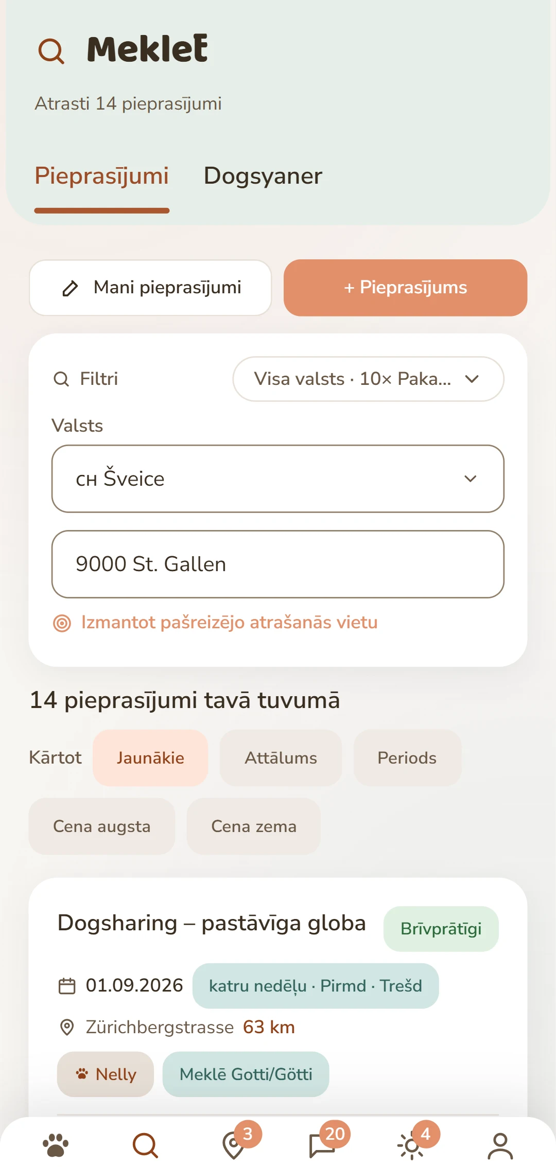 Dogsharing sludinājumi ar virzienu, ritmu un nedēļas dienām