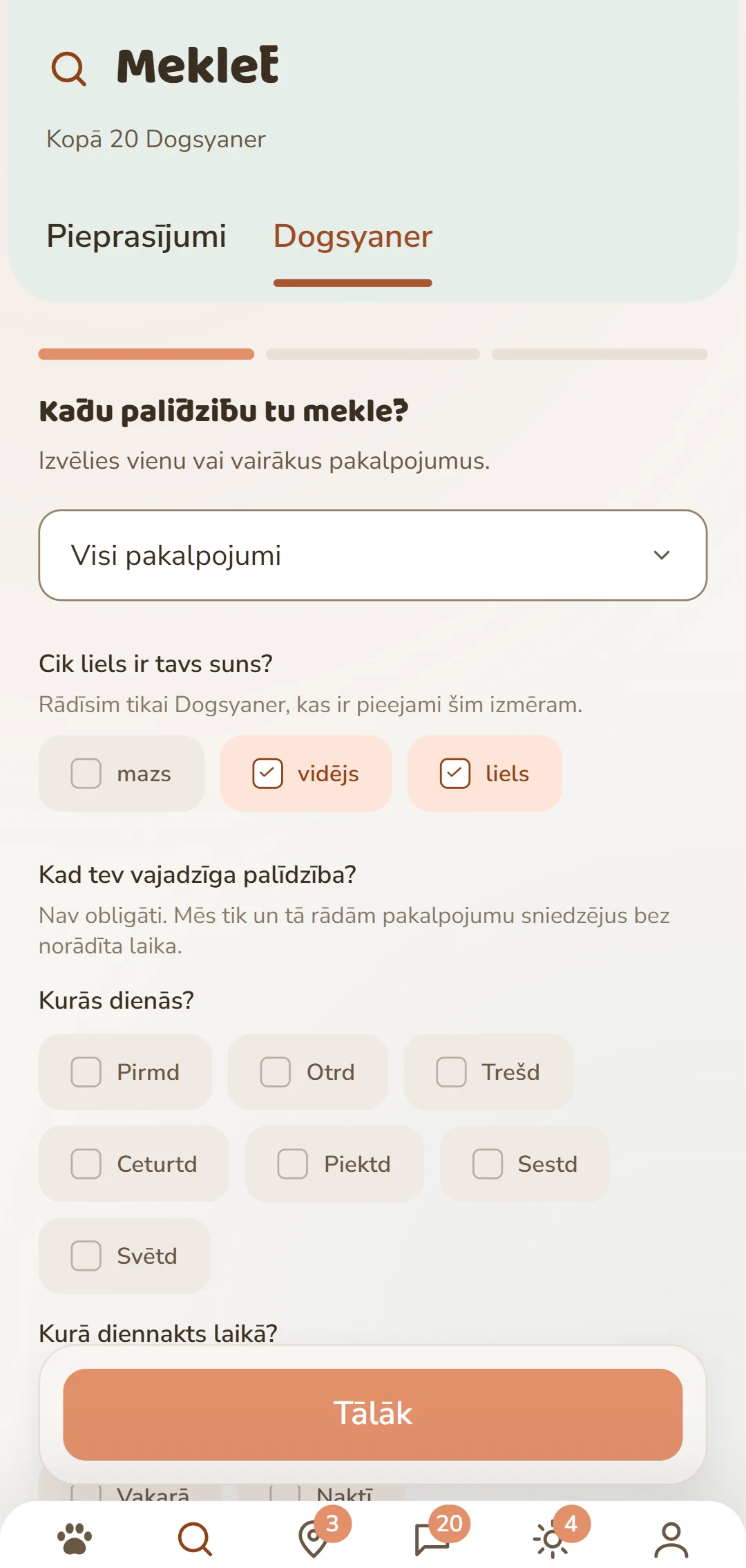 Precīza filtrēšana: pakalpojums, suņa izmērs un citi kritēriji