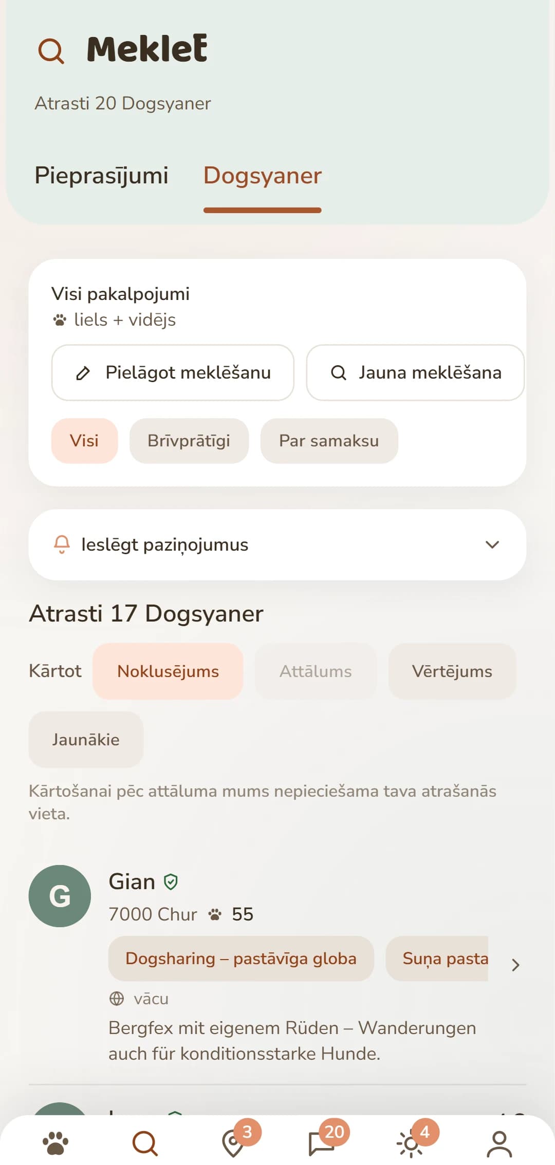 Lietotnes rezultātu saraksts: tuvumā esošie Dogsyaneri ar fotoattēlu, attālumu un vērtējumu