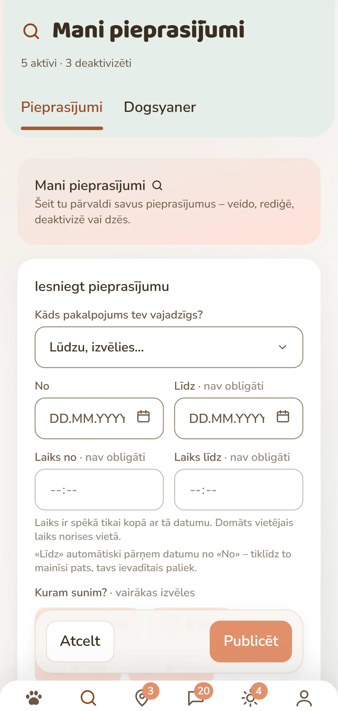 Forma «Publicēt pieprasījumu»: pakalpojums, periods, suns un atlīdzība