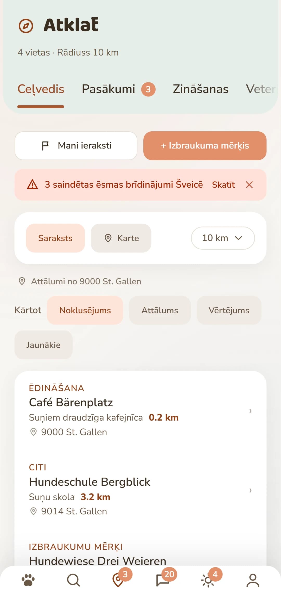 Rezultātu saraksts cilnē Atklāj, ar kategoriju un attālumu