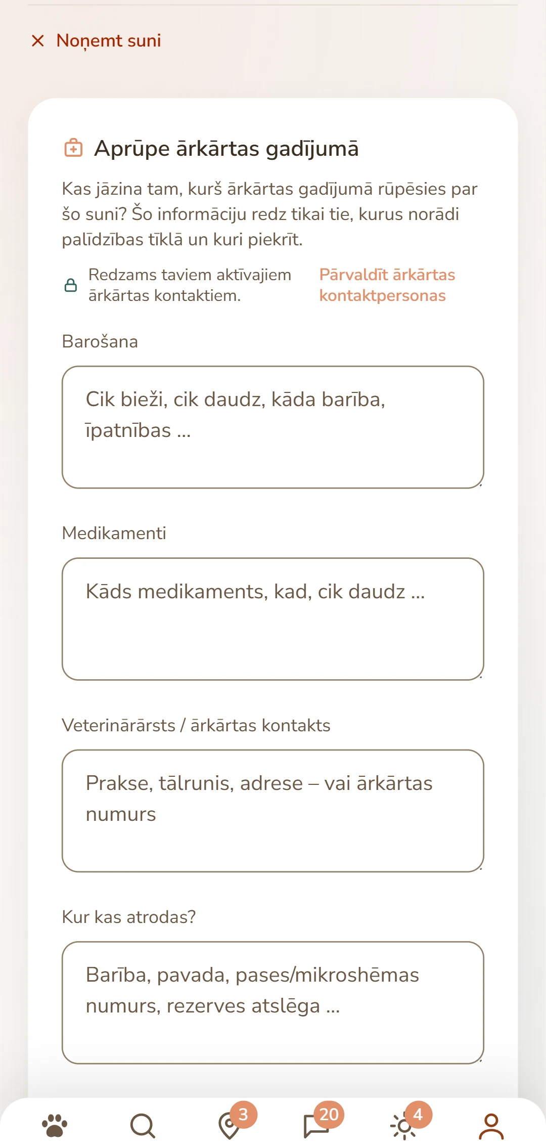 Suņa aprūpes lapa: barošana, medikamenti, veterinārārsts