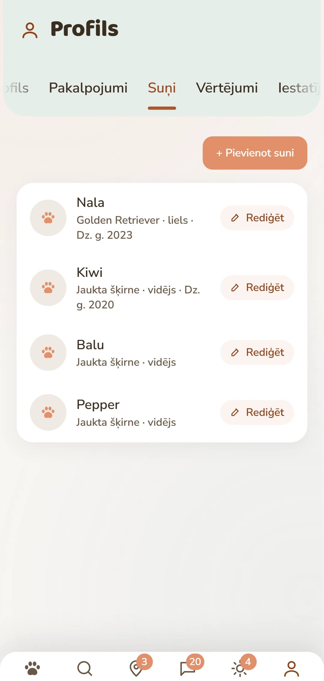 Suņu sadaļa ar atsevišķu profilu katram sunim