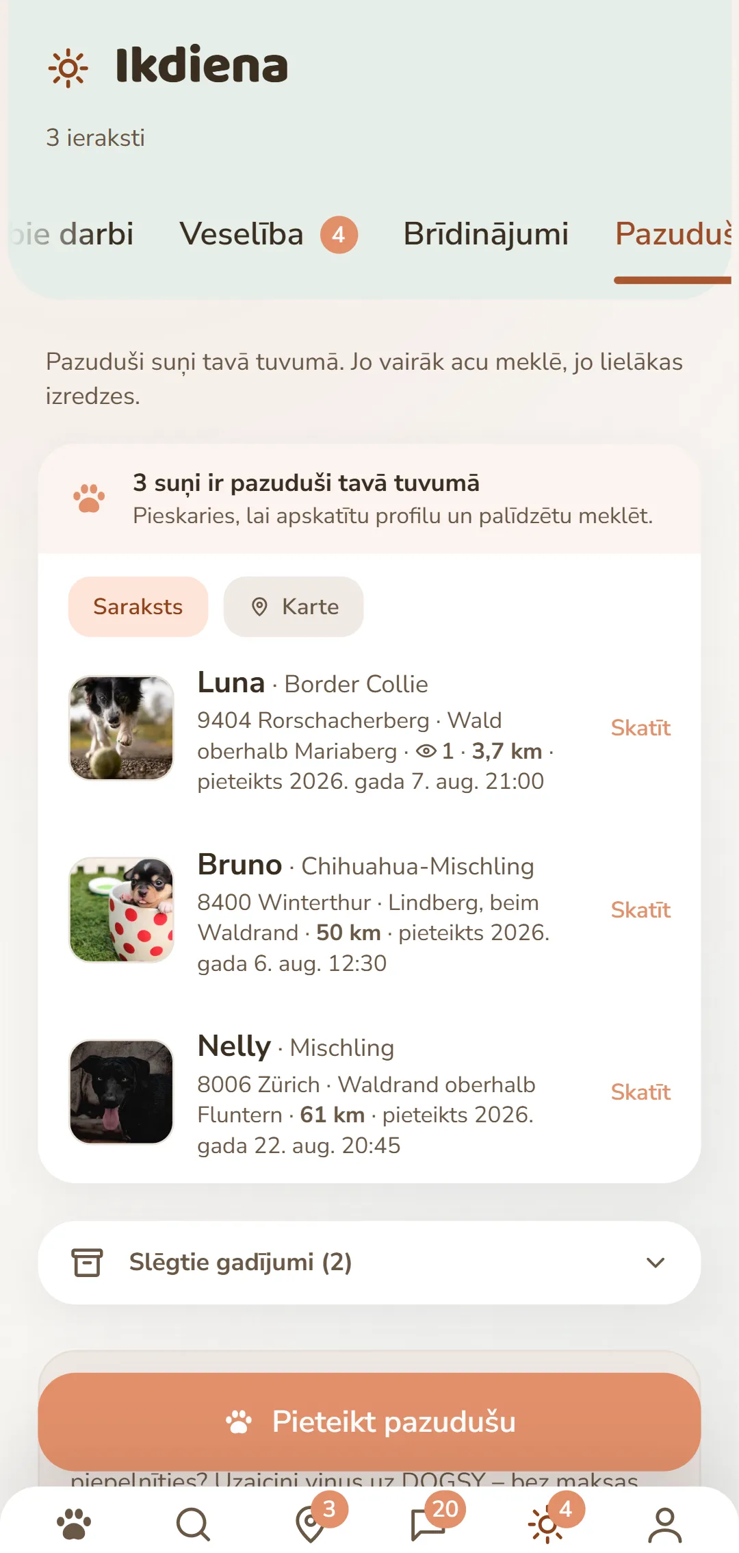 Pazuduši suņi tuvumā – ar fotoattēlu, vietu un laiku