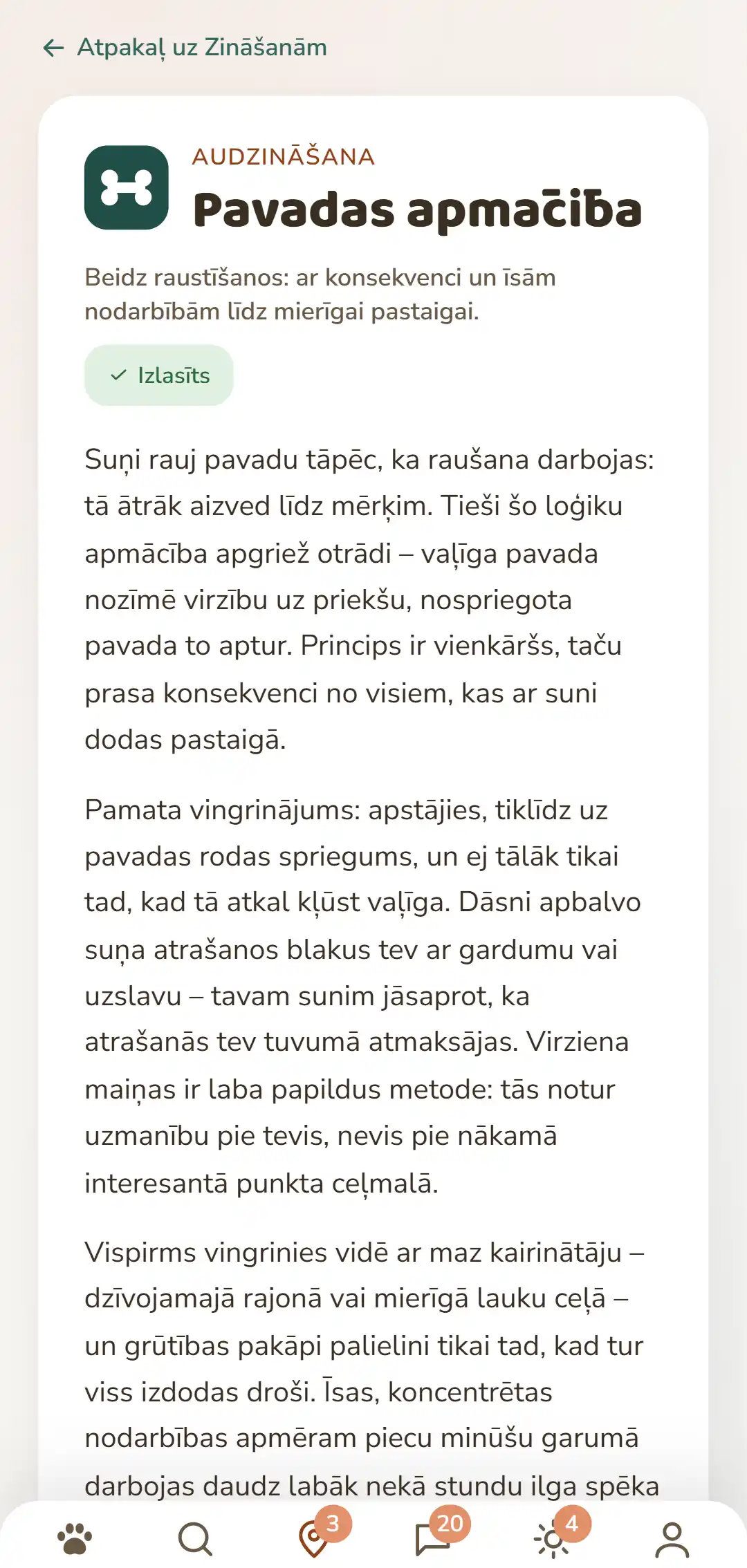 DOGSY lietotnes ekrānuzņēmums: atvērts zināšanu raksts. Pašā augšā ceļš atpakaļ uz sarakstu, zem tā četras cilnes Guide, pasākumi, zināšanas un dzīvnieku neatliekamā palīdzība. Tad seko krāsainā rubrikas ikona, rubrika lielajiem burtiem, virsraksts, īss ievads un vairākas pamatteksta rindkopas. Pavisam apakšā lietotnes navigācijas josla. Ekrānuzņēmums ir šīs lapas valodā.