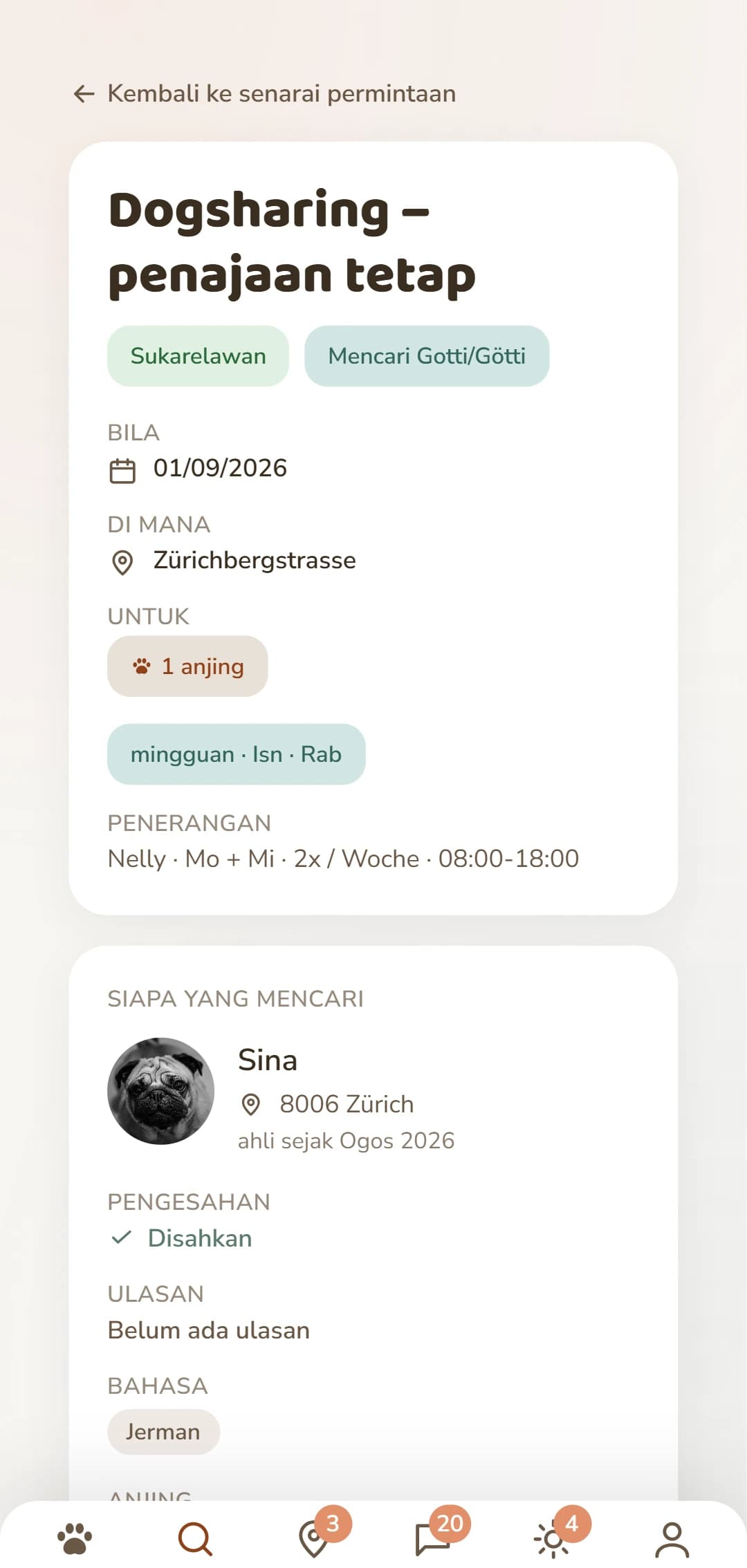 Satu iklan Dogsharing secara terperinci: tempoh, lokasi dan siapa di sebaliknya