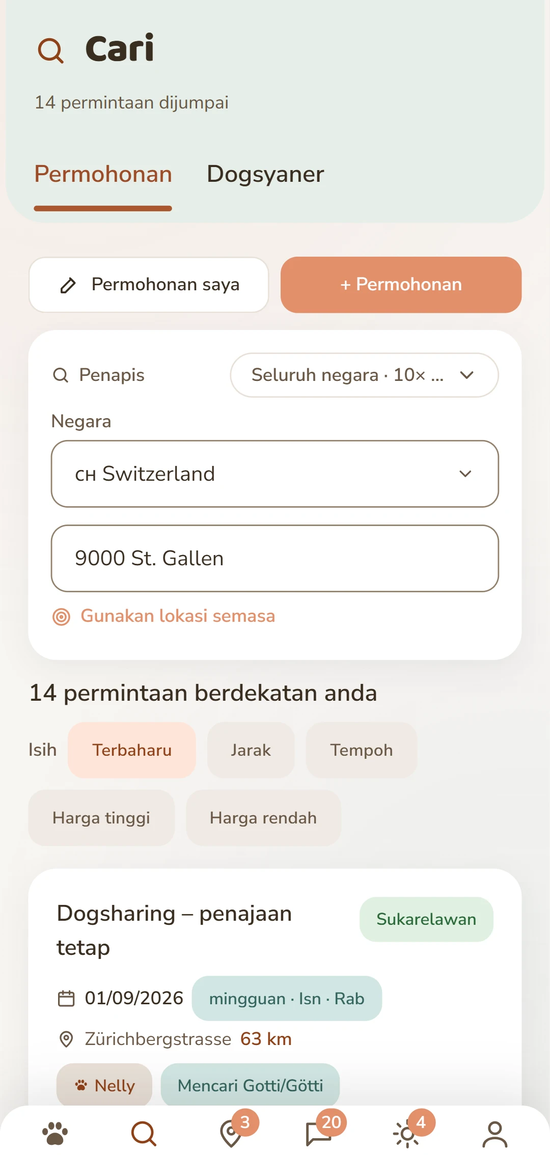 Iklan Dogsharing dengan arah, rentak dan hari dalam minggu