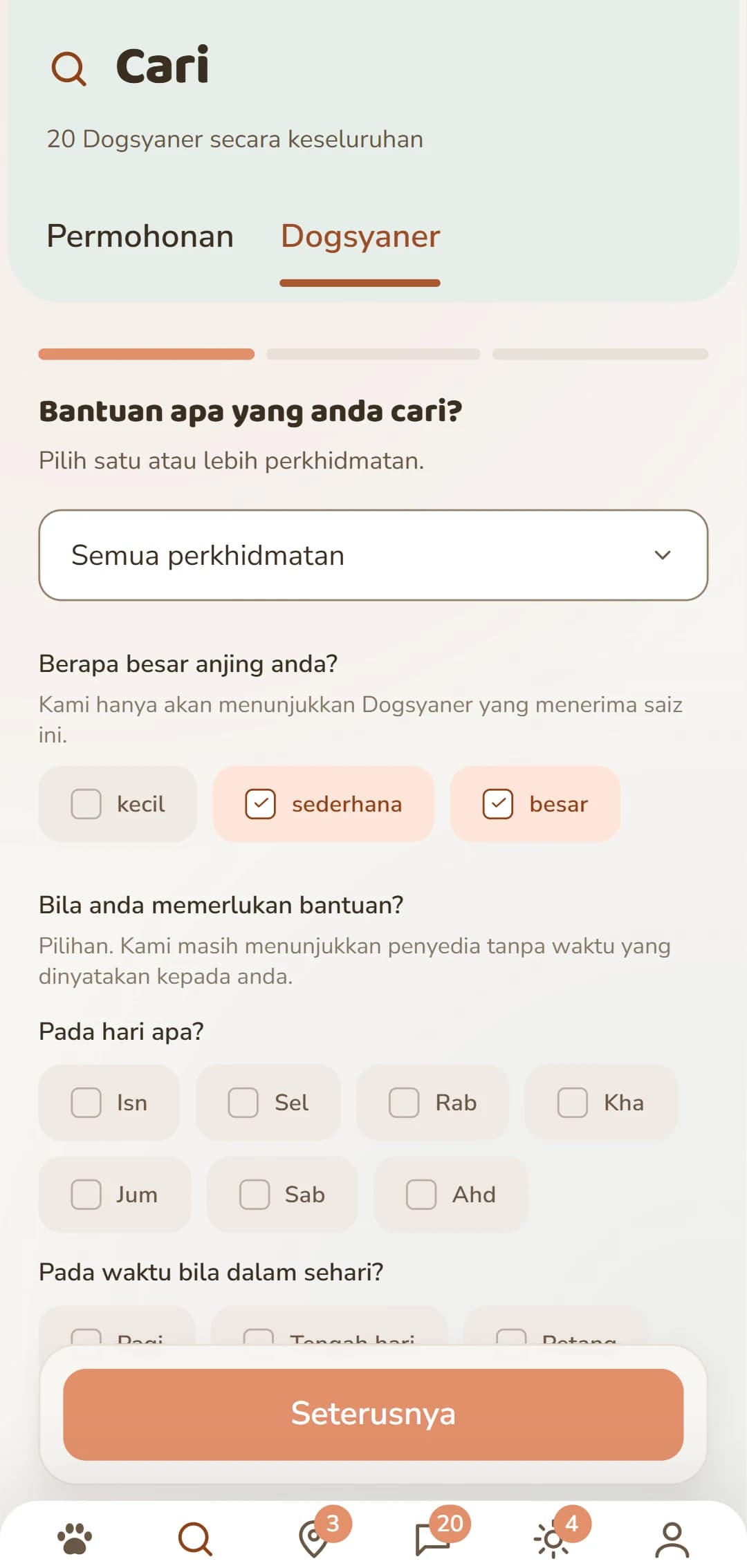 Penapisan terperinci: perkhidmatan, saiz anjing dan kriteria lain