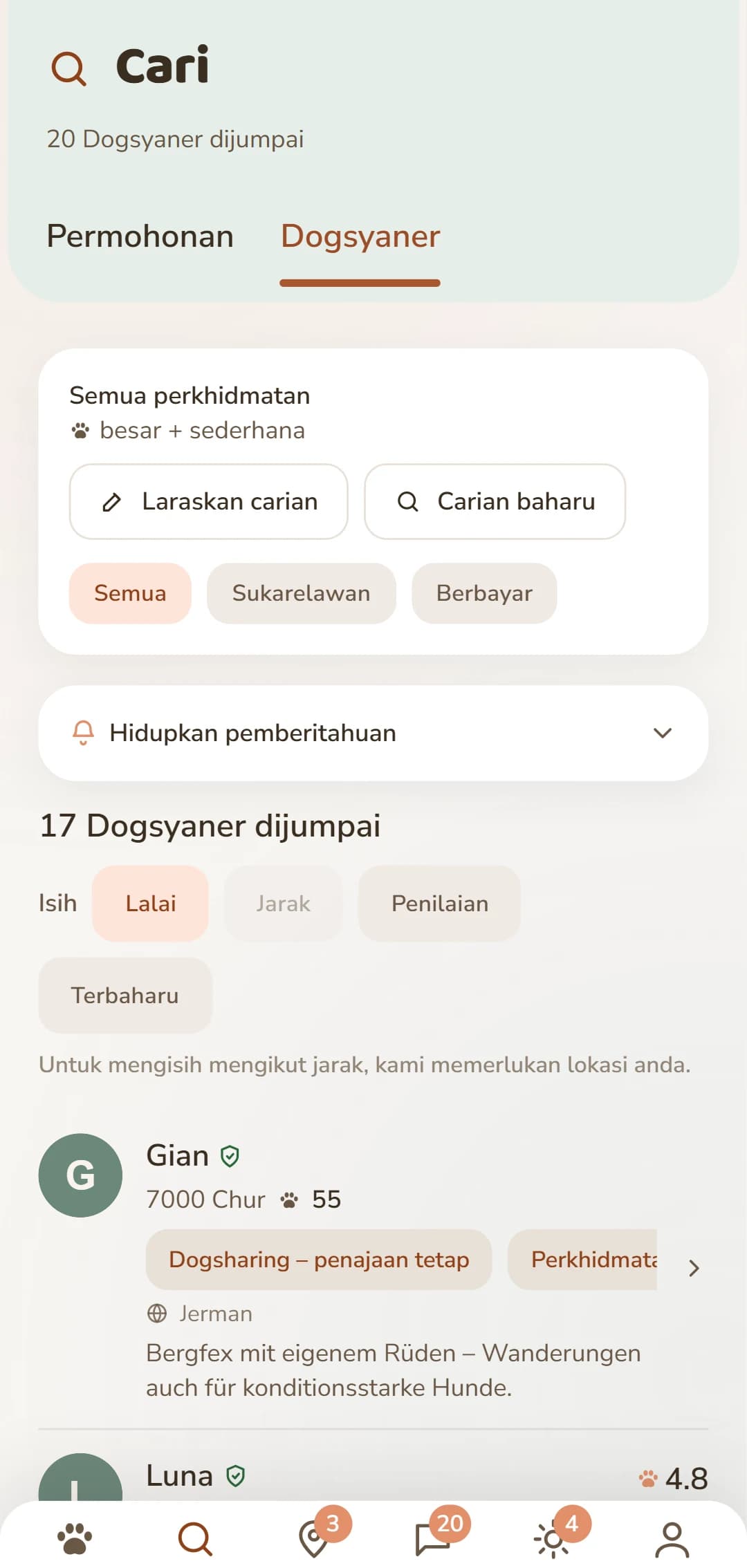 Senarai hasil aplikasi: Dogsyaner berhampiran lengkap dengan foto, jarak dan penilaian