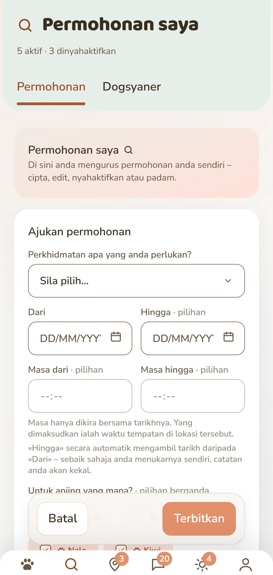 Borang «Siarkan permohonan»: perkhidmatan, tempoh, anjing dan ganjaran