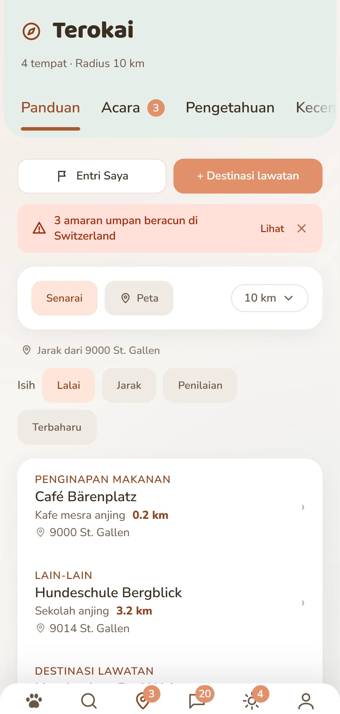 Senarai hasil dalam tab Terokai, dengan kategori dan jarak