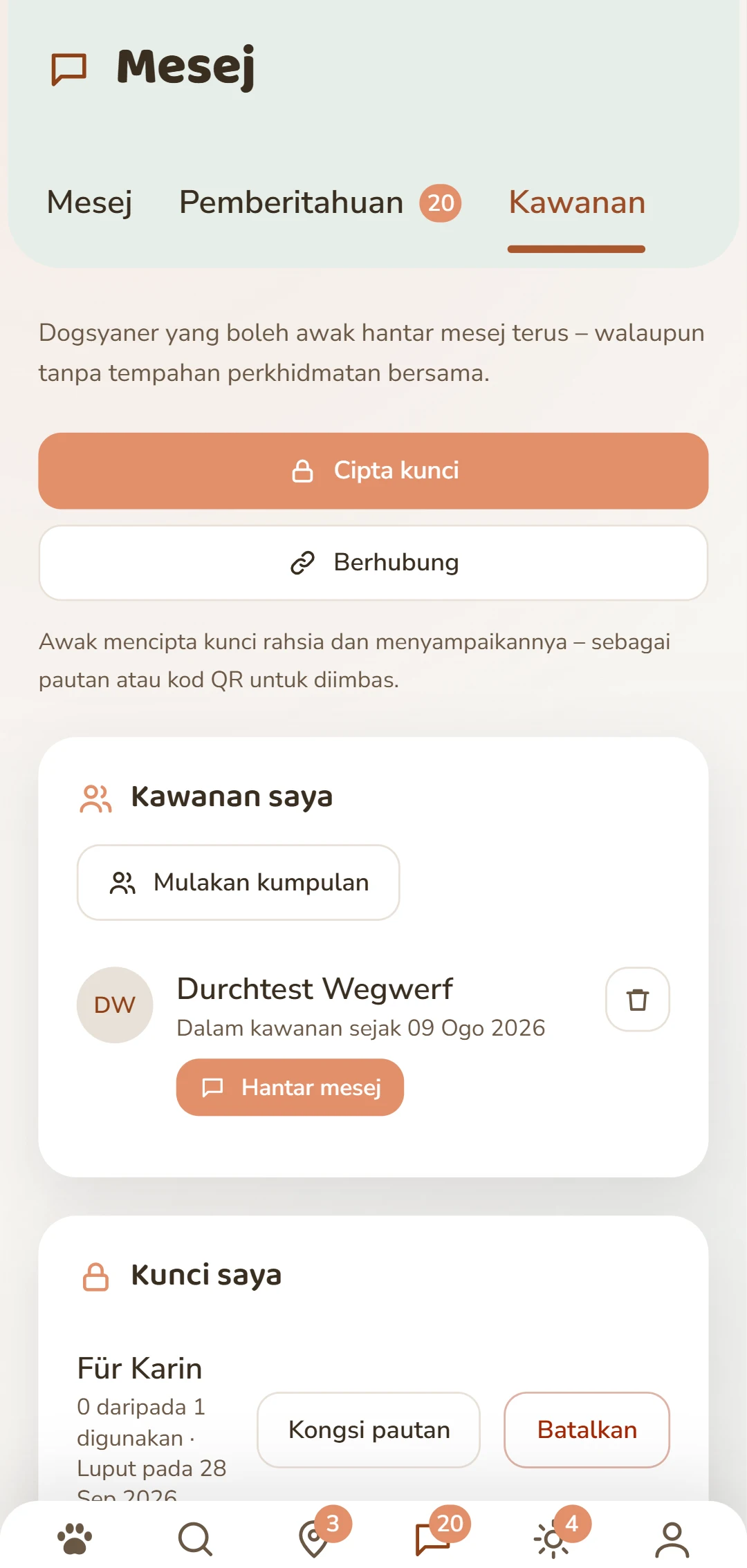Tab Rudel: cipta kunci dan urus sambungan anda.