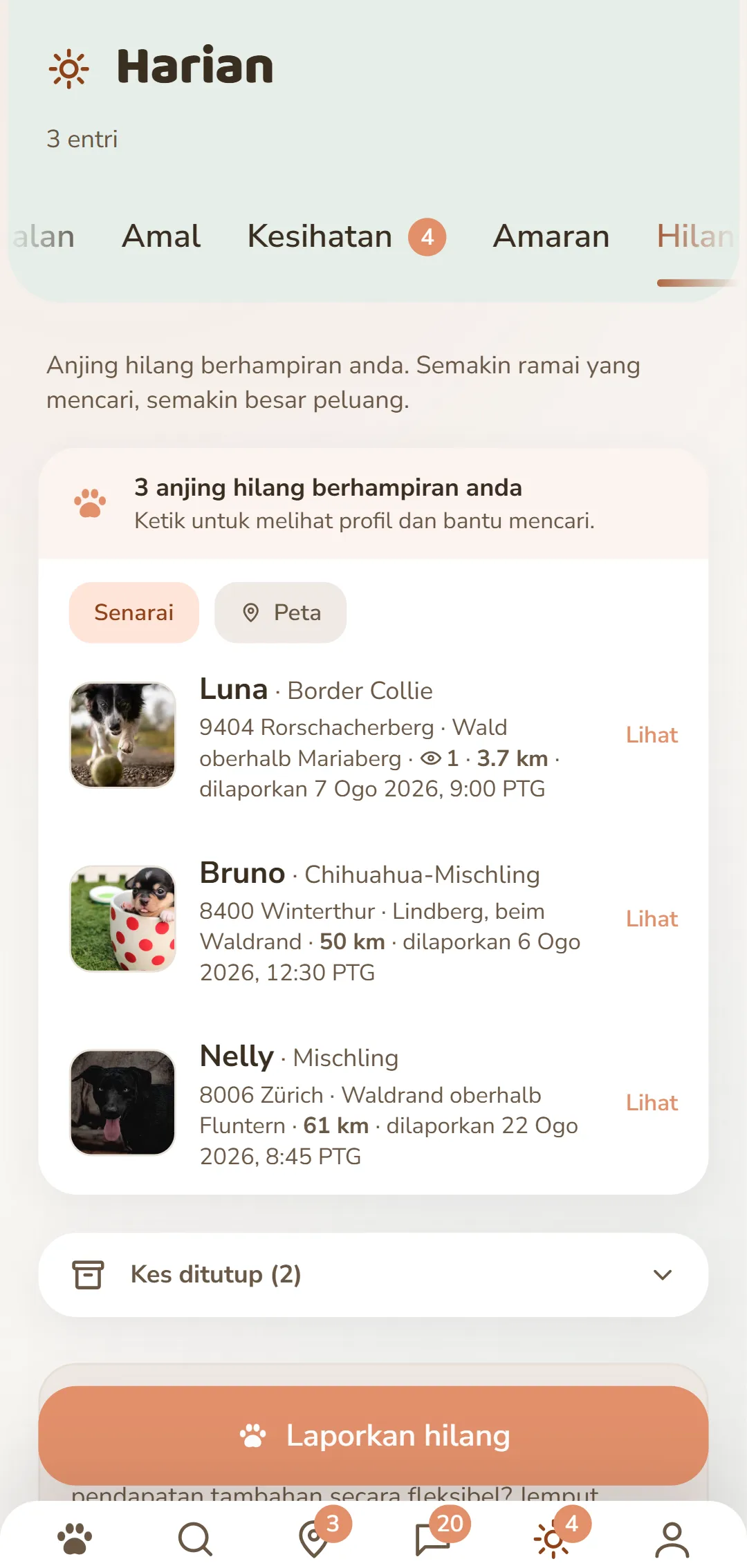 Anjing hilang berdekatan – dengan foto, lokasi dan masa