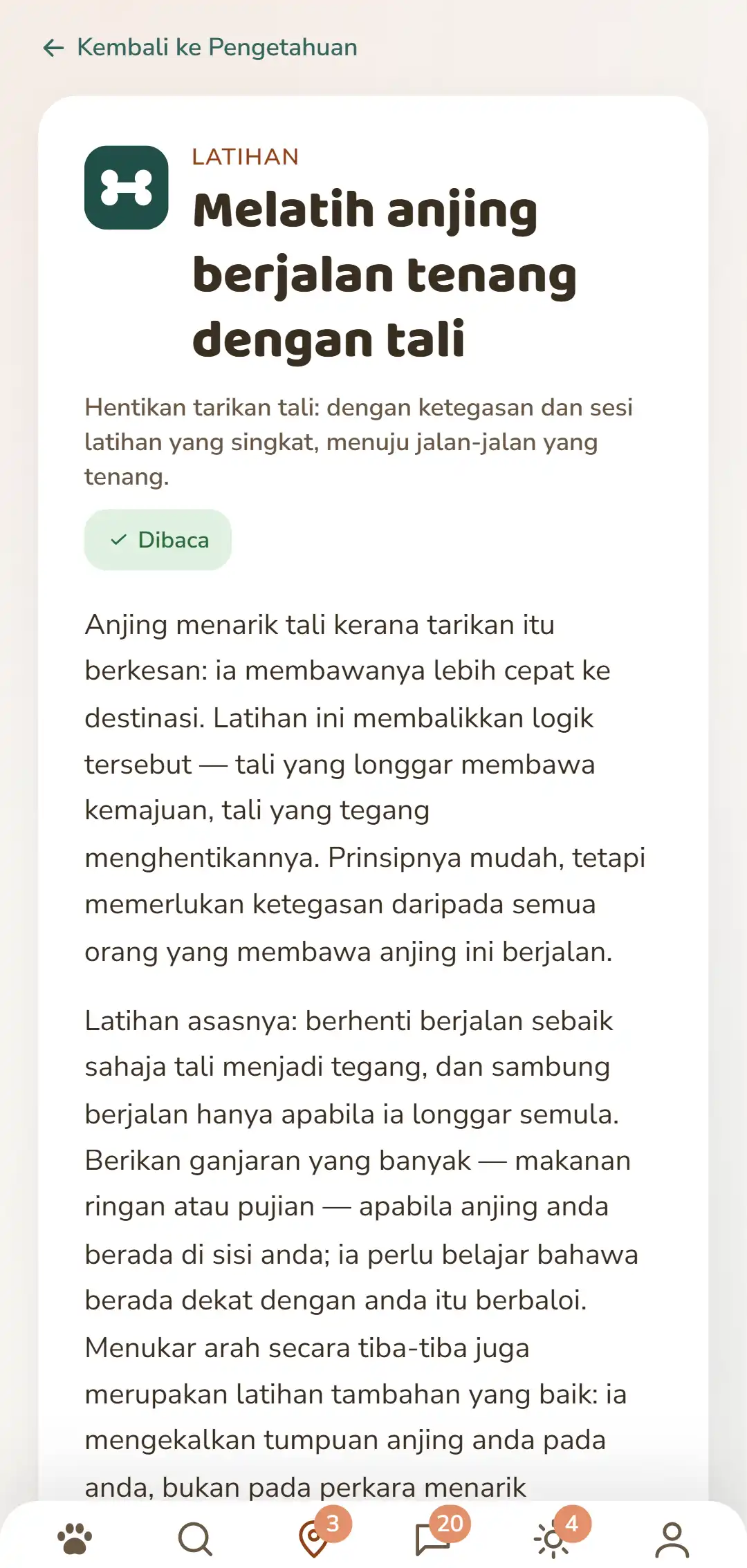 Tangkap layar aplikasi DOGSY: satu artikel pengetahuan yang dibuka. Di bahagian paling atas jalan kembali ke senarai, di bawahnya empat tab Guide, Acara, Pengetahuan dan Kecemasan haiwan. Kemudian menyusul ikon rubrik berwarna, rubrik dalam huruf besar, tajuk, satu teks pembuka yang pendek dan beberapa perenggan teks penuh. Di bahagian paling bawah bar navigasi aplikasi. Tangkap layar ini muncul dalam bahasa halaman ini.