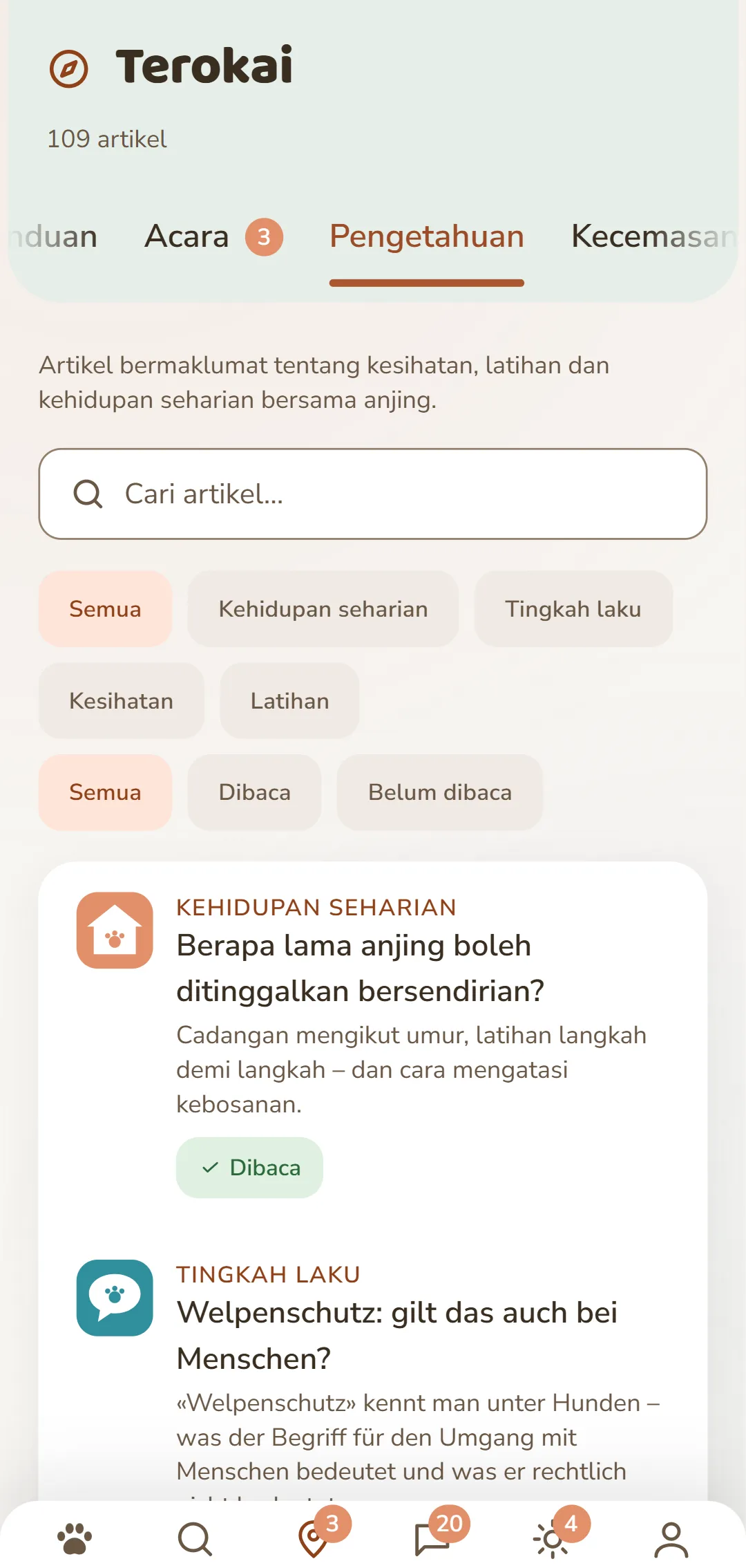 Tangkap layar aplikasi DOGSY dalam tab Terokai: di bahagian paling atas bilangan artikel, di bawahnya empat tab Guide, Acara, Pengetahuan dan Kecemasan haiwan. Kemudian menyusul satu medan carian dan penapis bulat untuk rubrik – Semua, Kehidupan seharian, Kesihatan, Tingkah laku, Latihan. Di bawahnya artikel sebagai kad: di sebelah kiri satu ikon rubrik berwarna, di sebelahnya rubrik dalam huruf besar, tajuk dan satu teks pembuka yang pendek. Di bahagian paling bawah bar navigasi aplikasi. Tangkap layar ini muncul dalam bahasa halaman ini.