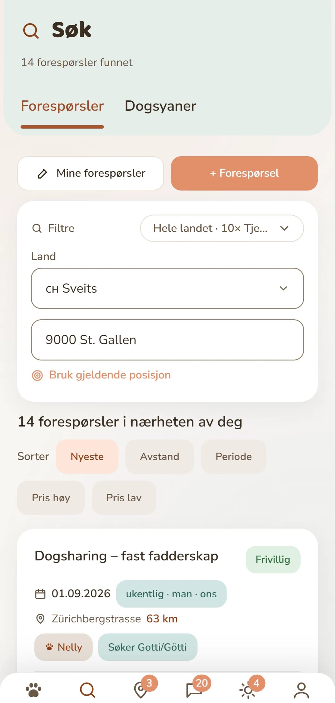 Dogsharing-forespørsler med retning, rytme og ukedager