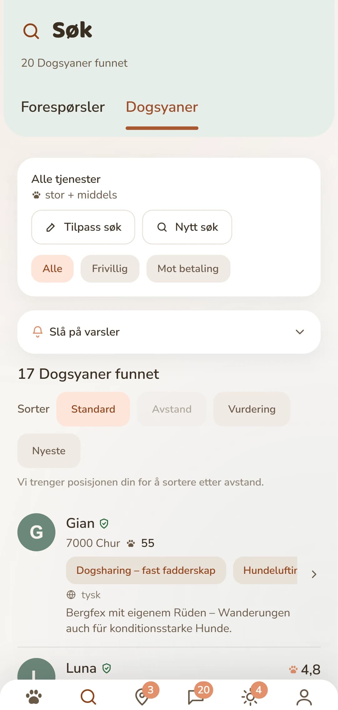 Appens treffliste: Dogsyanere i nærheten med bilde, avstand og vurdering