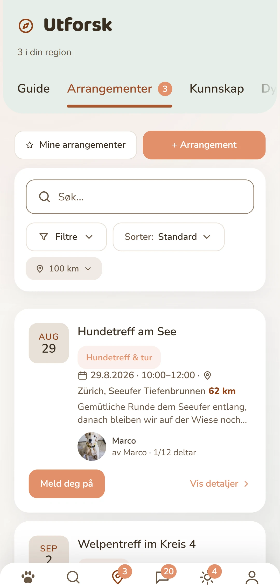 Kommende hundearrangementer med dato, sted og avstand