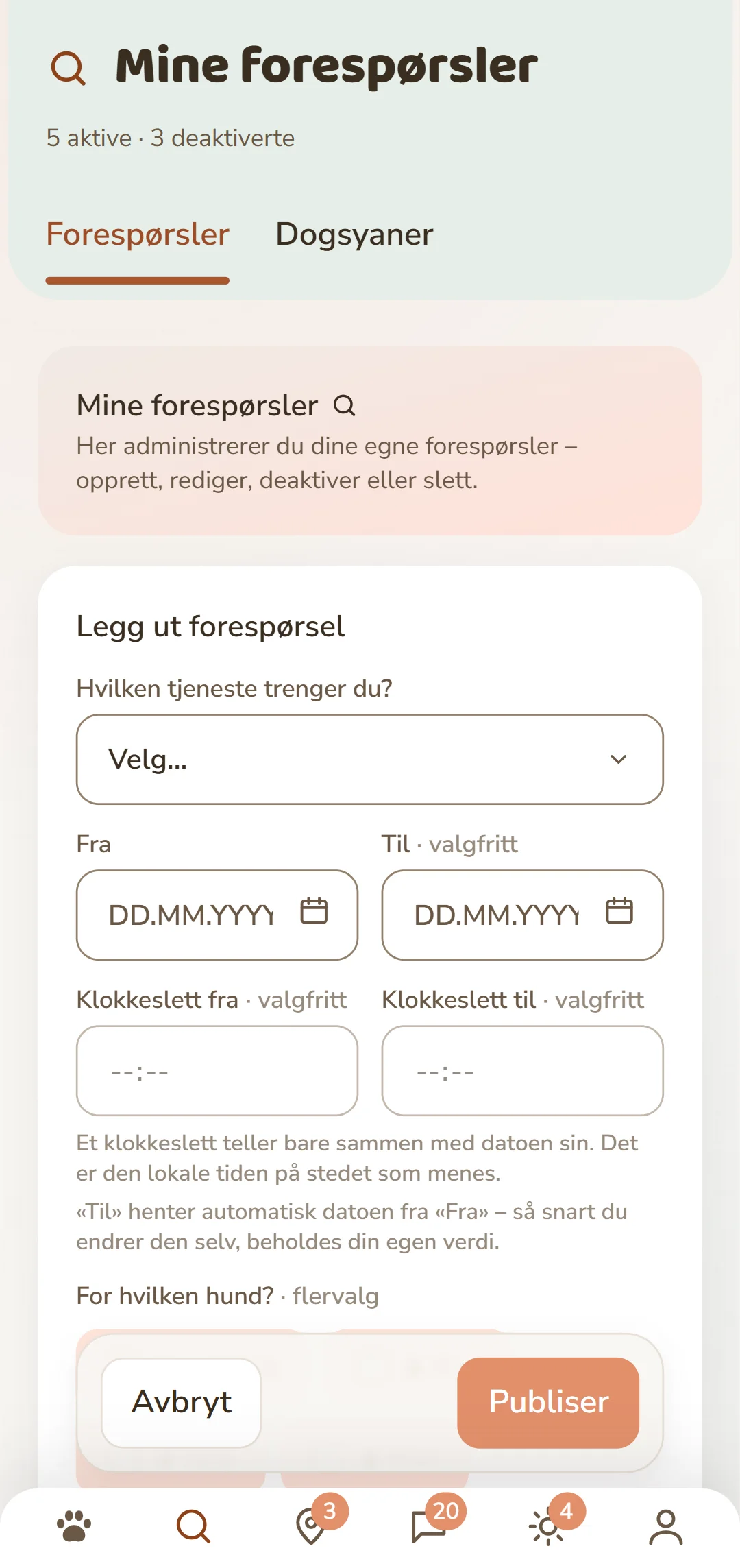 Skjemaet «Legg ut forespørsel»: tjeneste, tidsperiode, hund og betaling