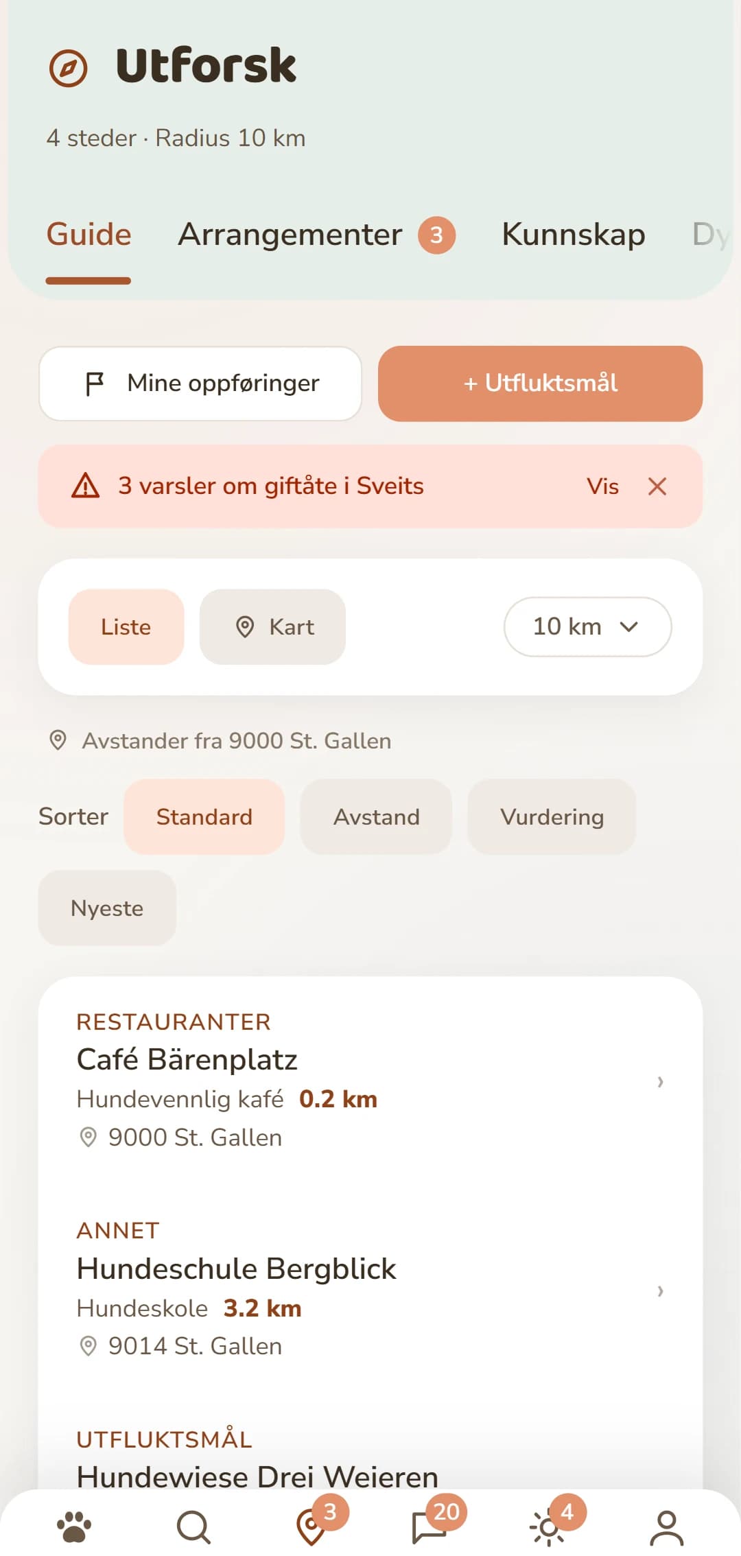 Trefflisten i fanen Utforsk, med kategori og avstand