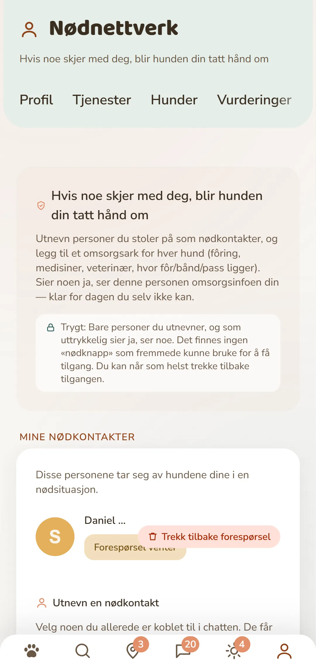 Nødkontaktene dine og åpne forespørsler i oversikt