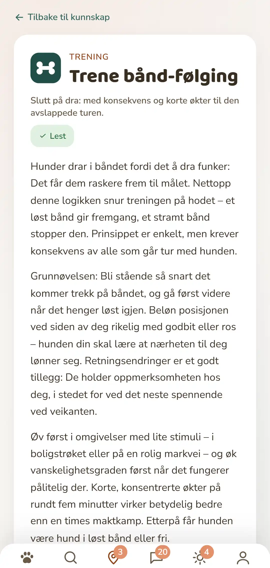 Skjermbilde av DOGSY-appen: en åpnet kunnskapsartikkel. Øverst veien tilbake til lista, under den de fire fanene Guide, Events, Kunnskap og Dyrenødhjelp. Så følger det fargede kategori-ikonet, kategorien med store bokstaver, tittelen, en kort ingress og flere avsnitt med brødtekst. Helt nederst navigasjonslinja i appen. Skjermbildet vises på språket til denne siden.
