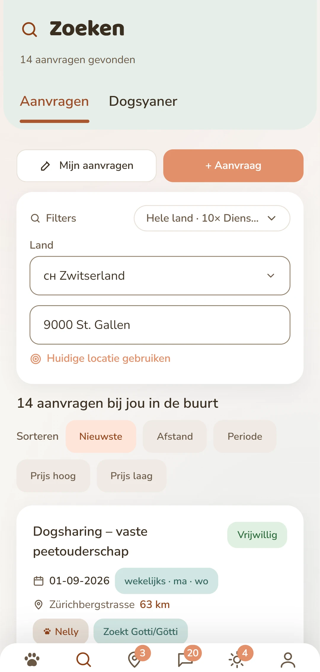 Dogsharing-aanvragen met richting, ritme en weekdagen