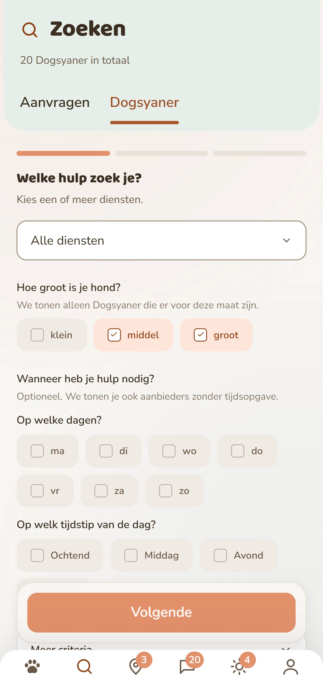Fijn filteren: dienst, hondengrootte en meer criteria