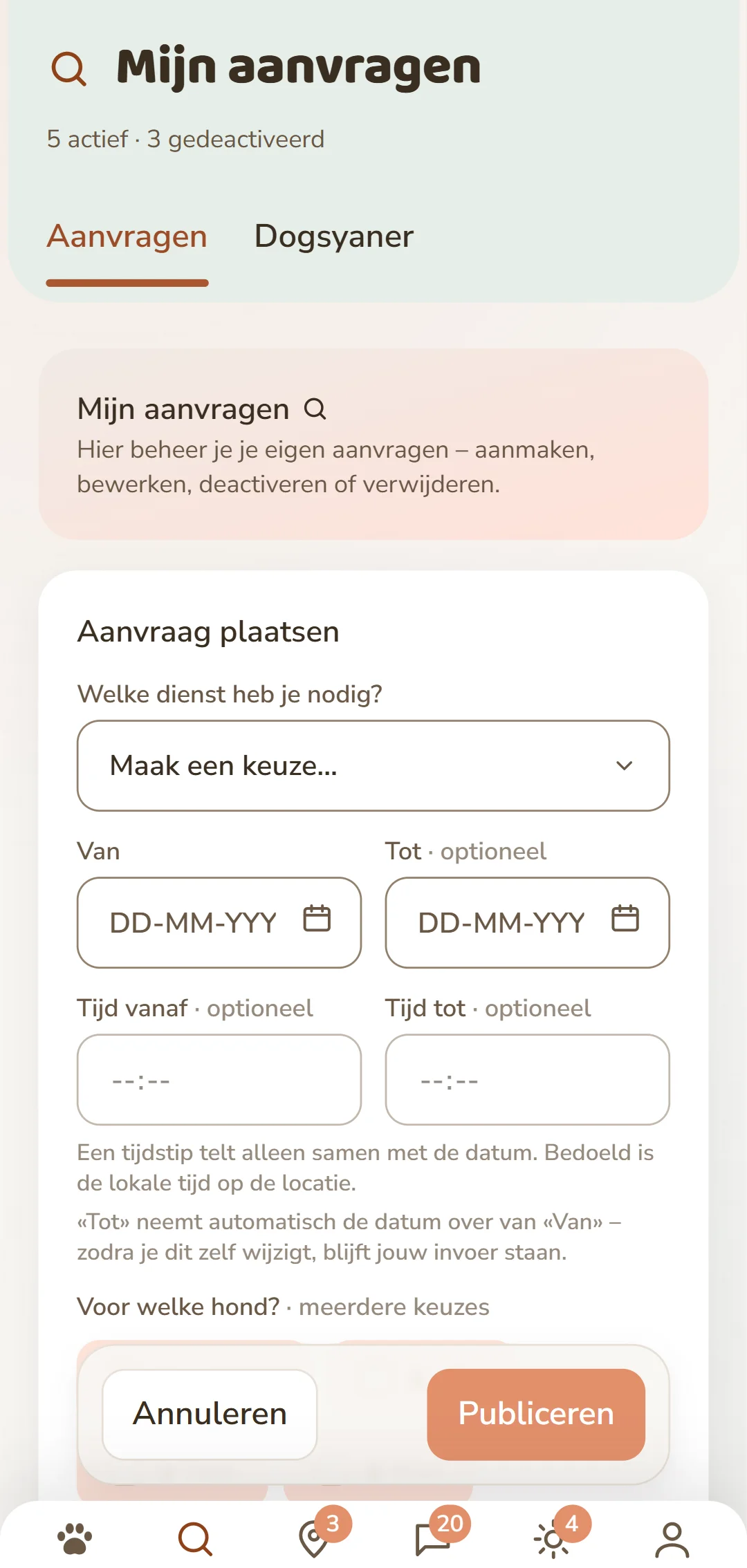 Het formulier «Verzoek plaatsen»: dienst, periode, hond en vergoeding